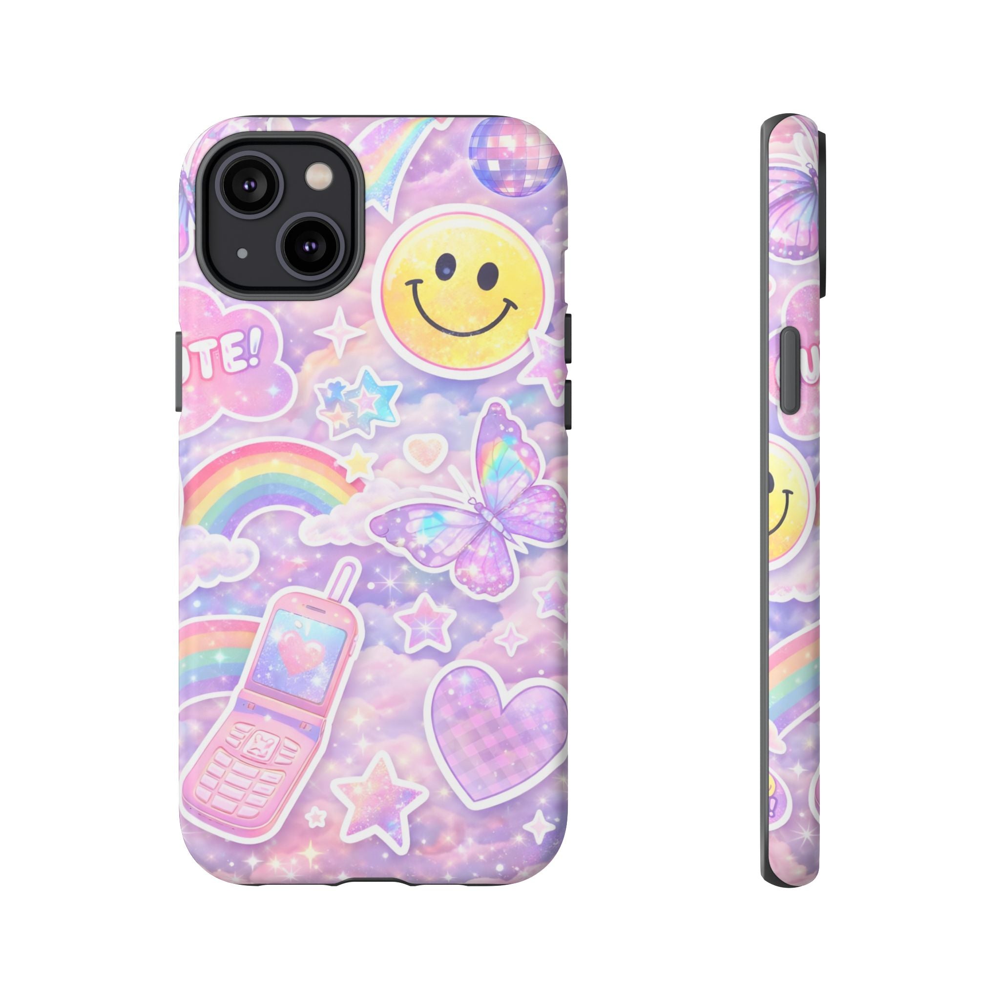 Pastel Y2K Tough Case — Cute Smiley, Rainbow & Butterfly Phone Case