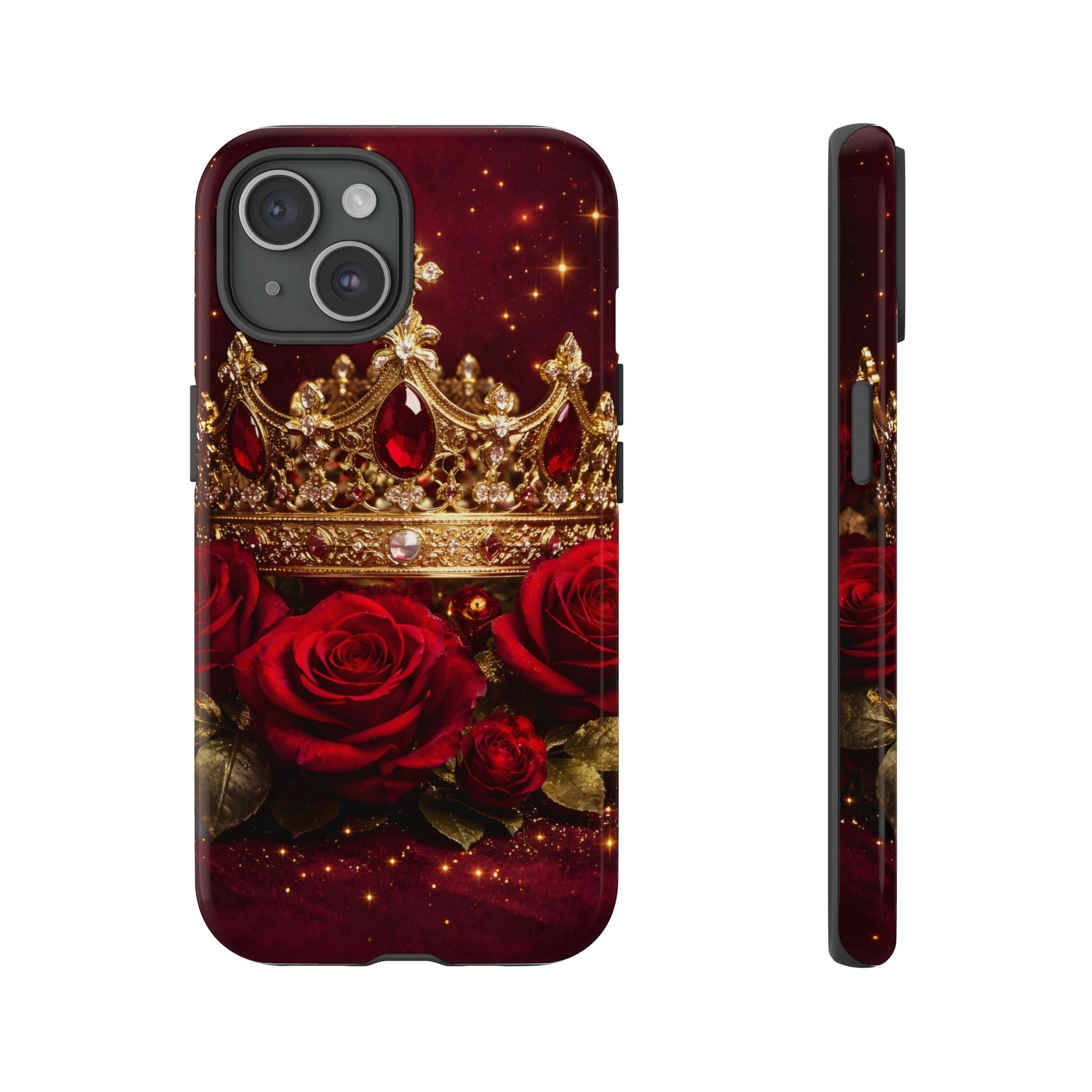 Royal Crown & Red Rose Luxury Phone Case – Gold Crown Burgundy Aesthetic iPhone Case, Regal Queen Floral Phone Cover
