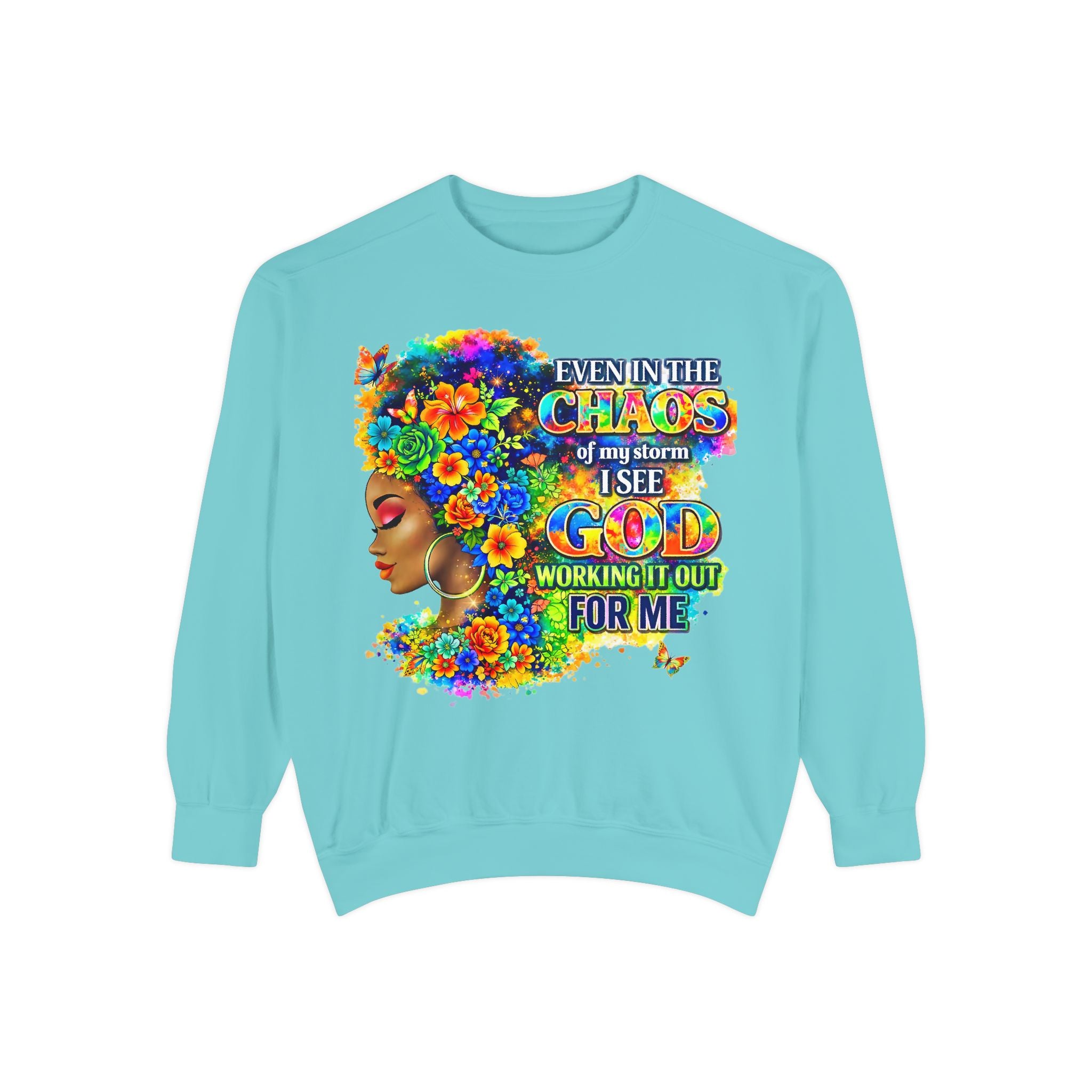 Even In The Midst I See God Sweatshirt – Faith-Based Floral Graphic Crewneck, Inspirational Christian Women’s Sweatshirt, Purple & Gold Aesthetic