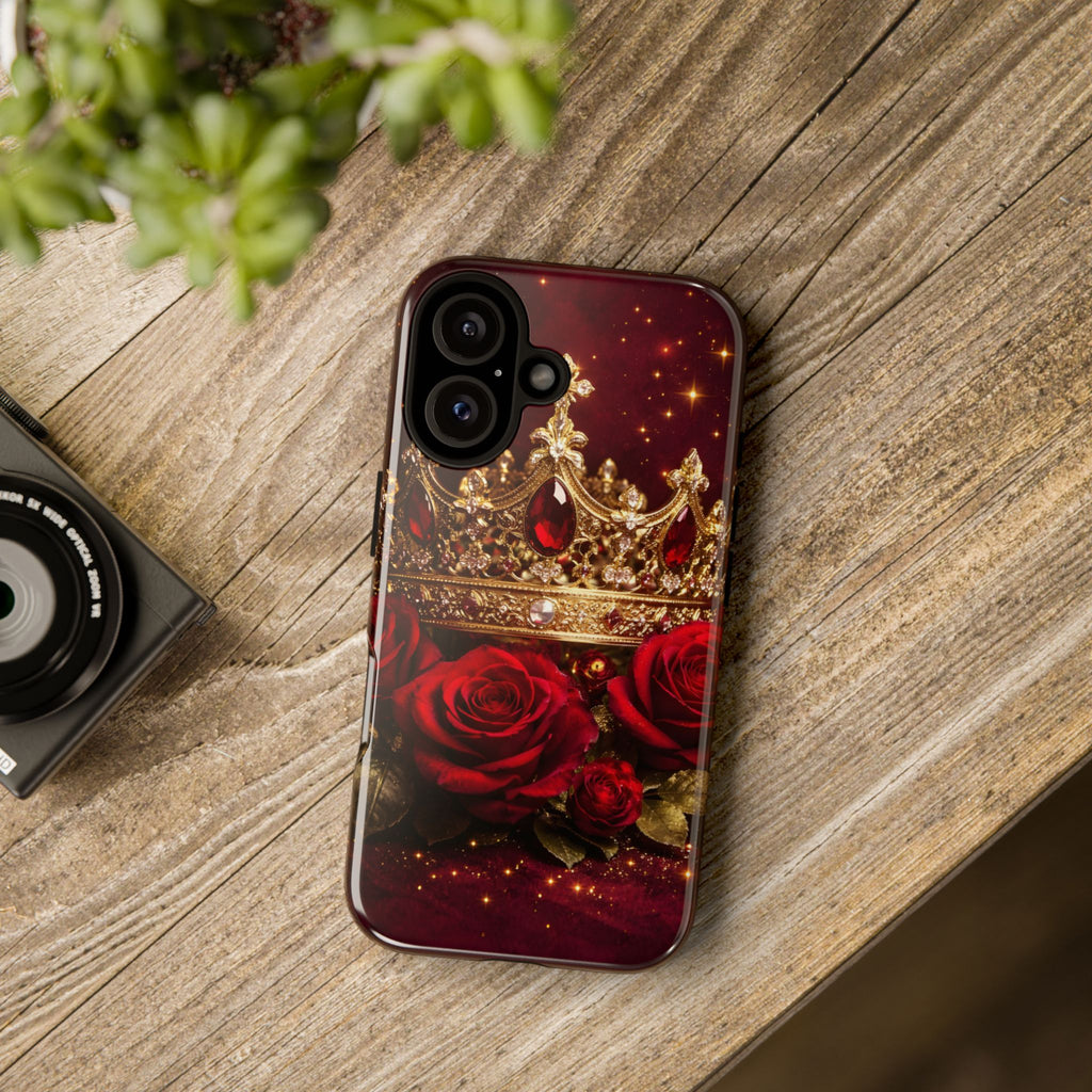 Royal Crown & Red Rose Luxury Phone Case – Gold Crown Burgundy Aesthetic iPhone Case, Regal Queen Floral Phone Cover