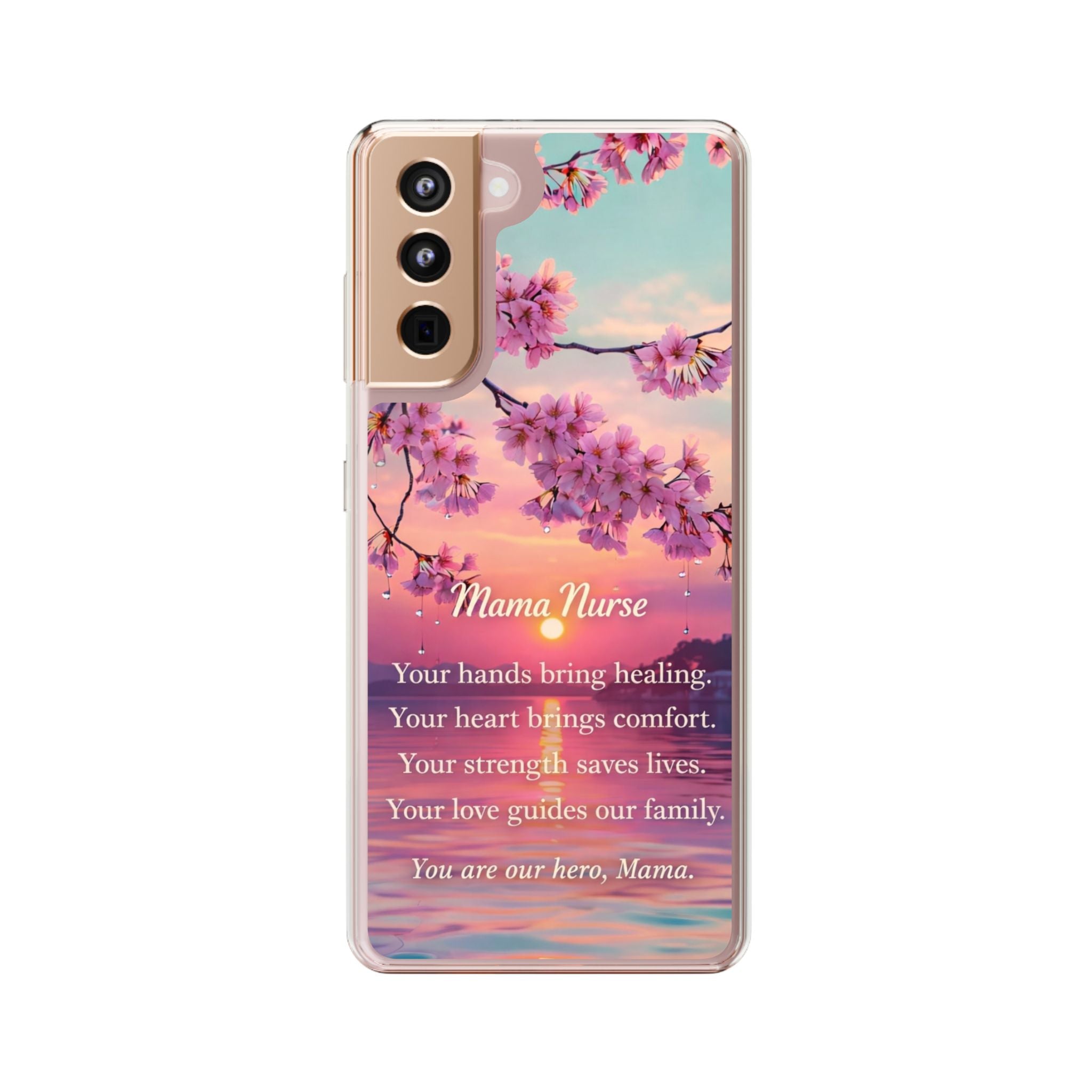 Nurse Mom Affirmation Phone Case – Inspirational Gift for Nurse Mama – Cherry Blossom Sunset Samsung Galaxy Case – Healthcare Hero Mom Gift