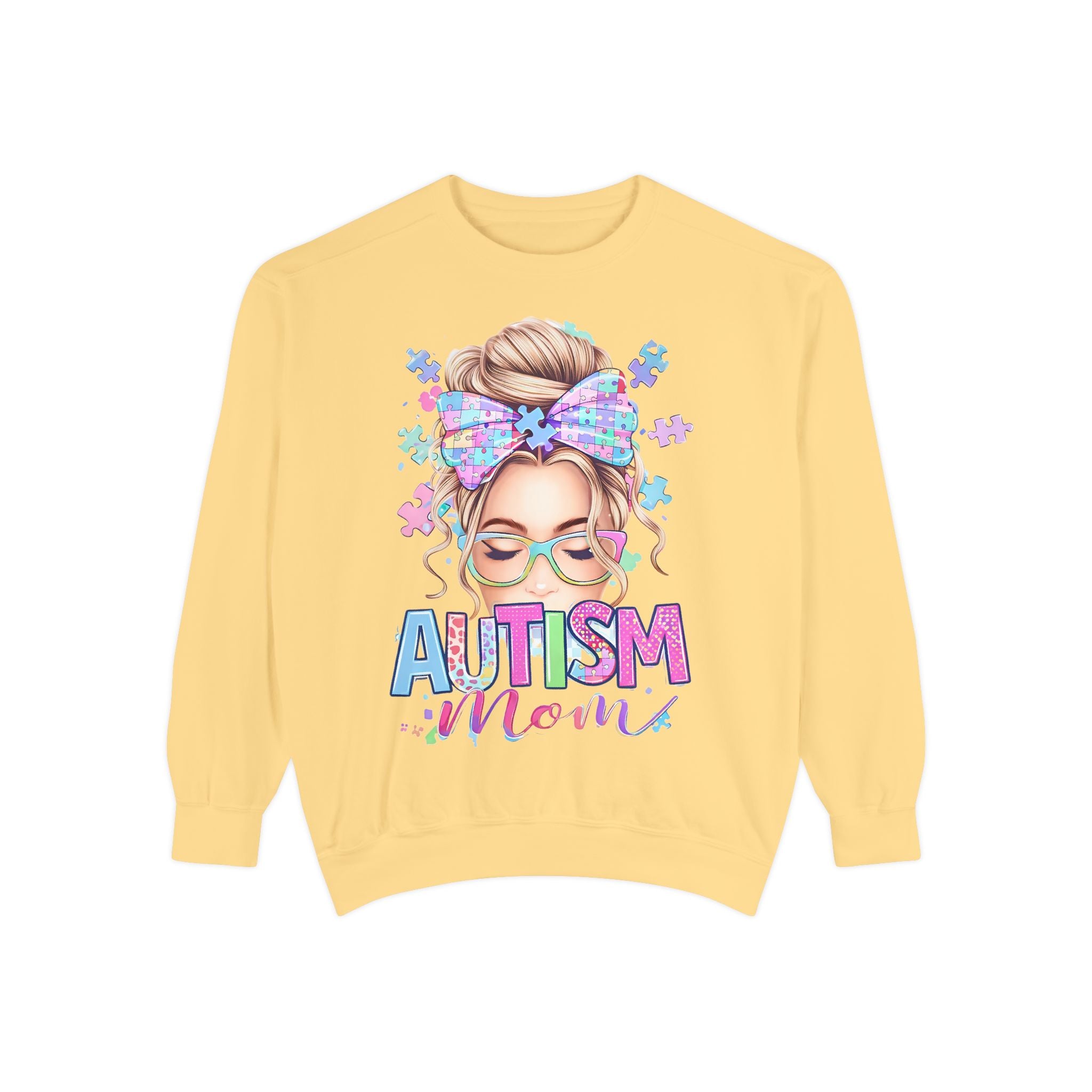 Autism Mom Sweatshirt — Puzzle-Print Headband & Pastel Logo Crewneck