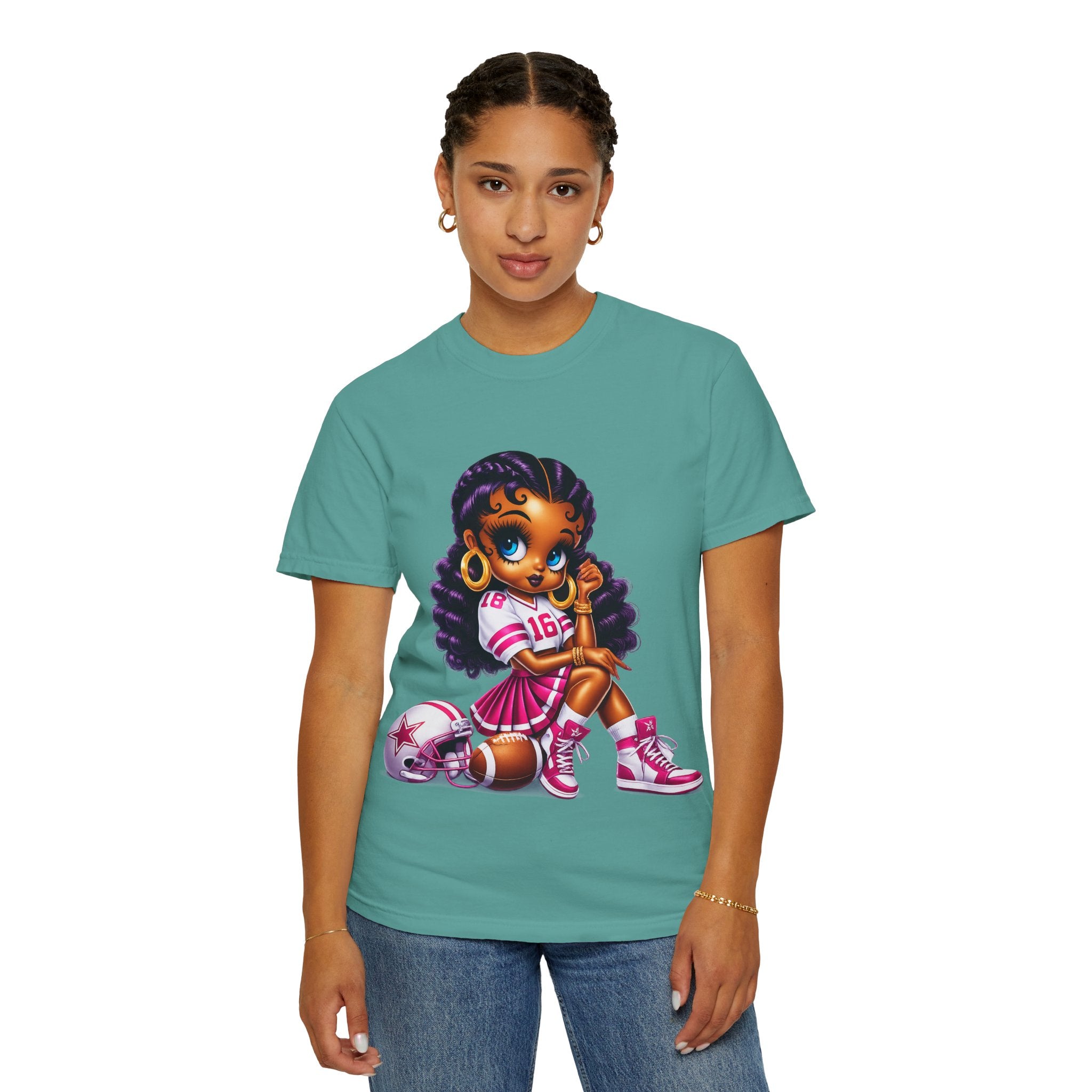 Fuchsia Football Girl Shirt – Cute Black Girl Sports Graphic Tee, Pink Cheerleader Outfit, Trendy Game Day Women’s Shirt, Girly Athlete T-Shirt