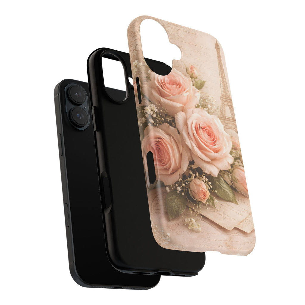 Vintage Parisian Rose Phone Case – Eiffel Tower Floral Aesthetic Luxury iPhone Case, Romantic Antique Paris Phone Cover