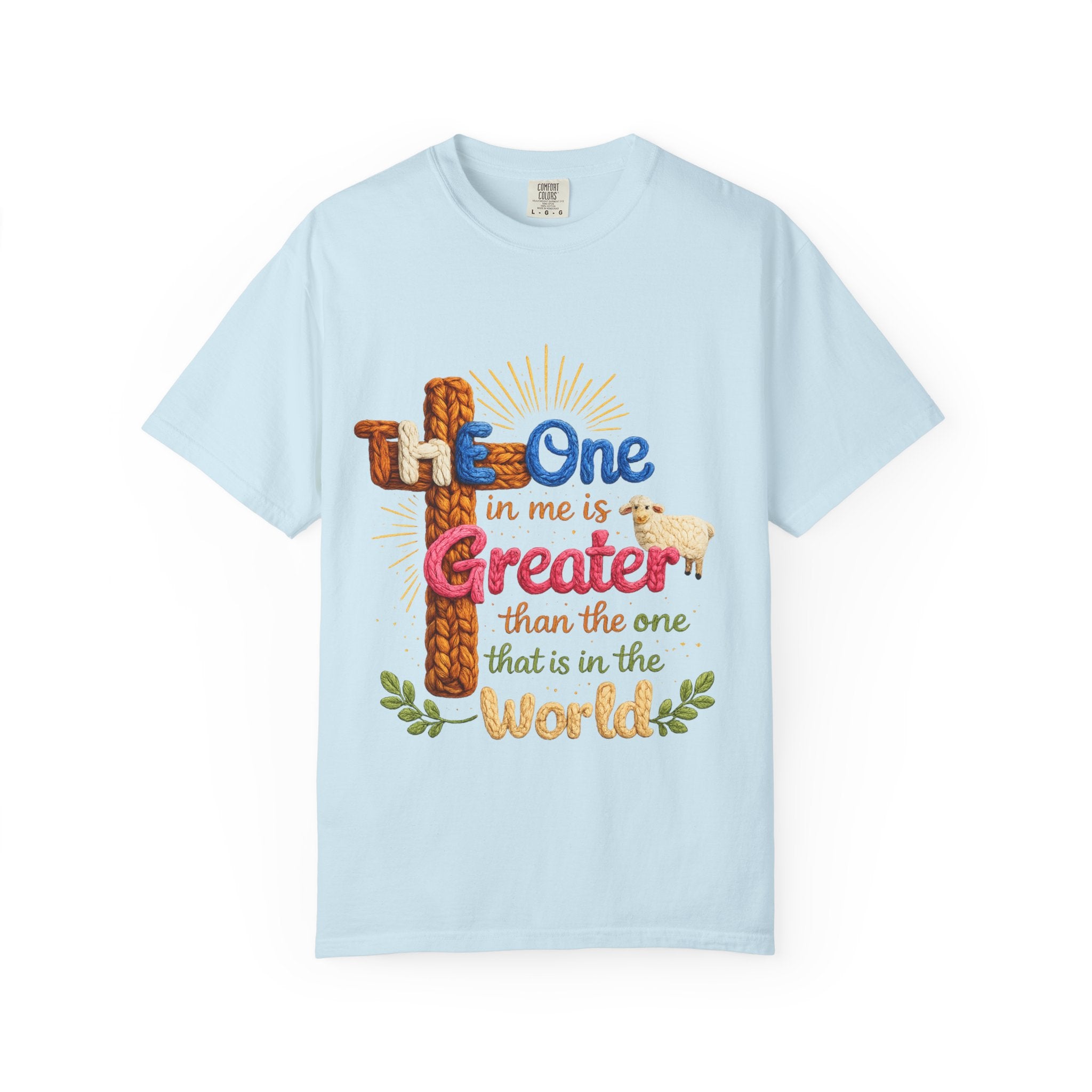The One in Me Is Greater Shirt – Christian Crochet Style Graphic Tee, Faith Based Inspirational Bible Verse Shirt, Cute Religious Gift for Women