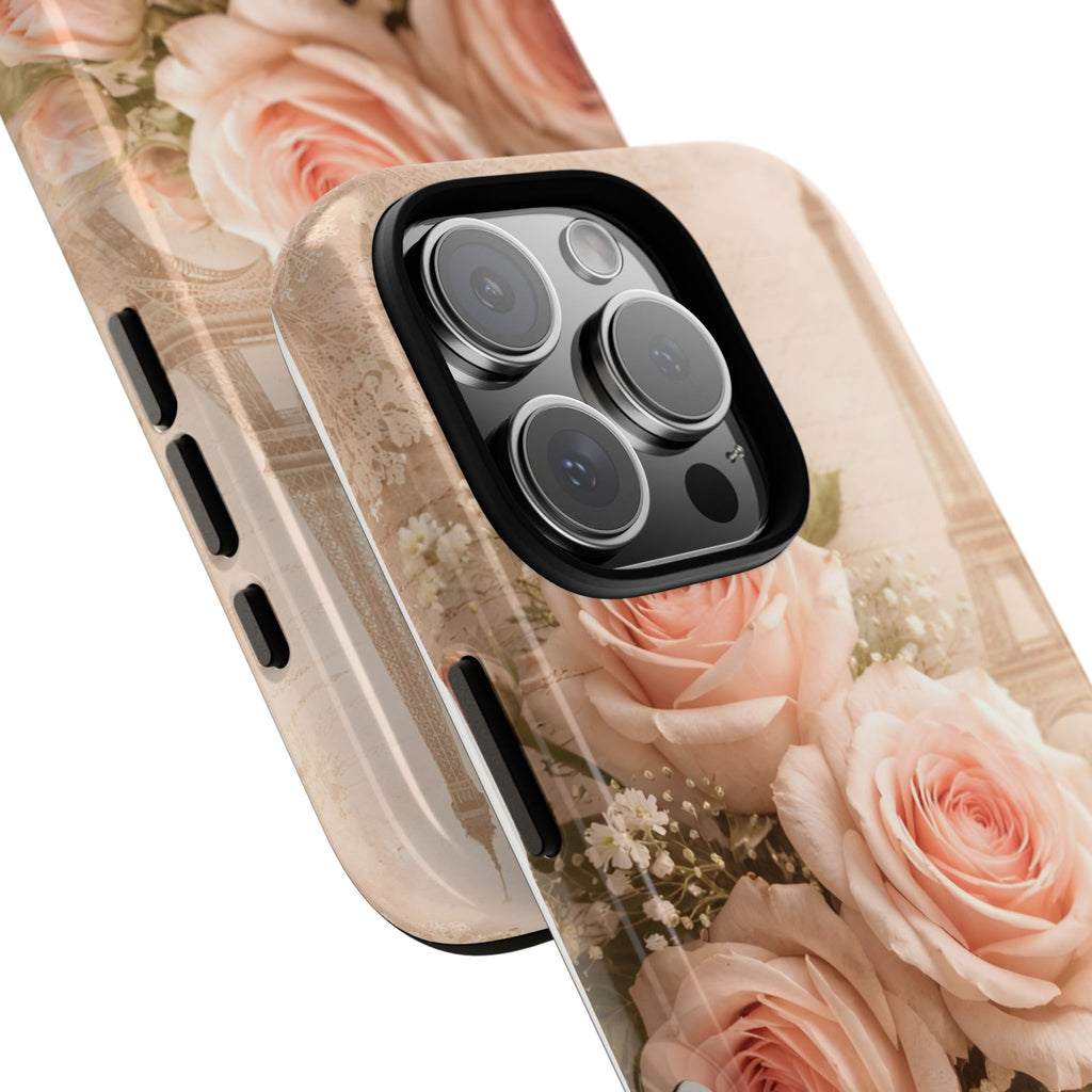 Vintage Parisian Rose Phone Case – Eiffel Tower Floral Aesthetic Luxury iPhone Case, Romantic Antique Paris Phone Cover