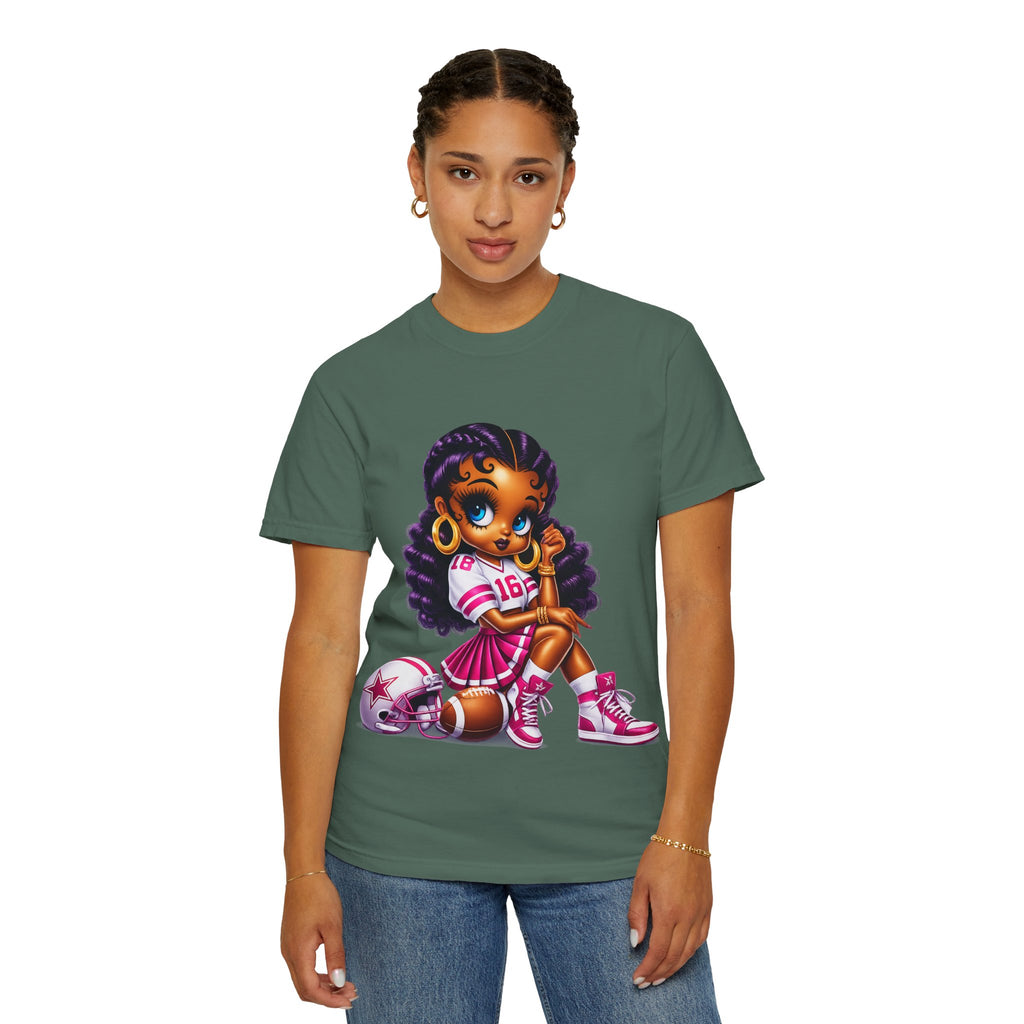 Fuchsia Football Girl Shirt – Cute Black Girl Sports Graphic Tee, Pink Cheerleader Outfit, Trendy Game Day Women’s Shirt, Girly Athlete T-Shirt