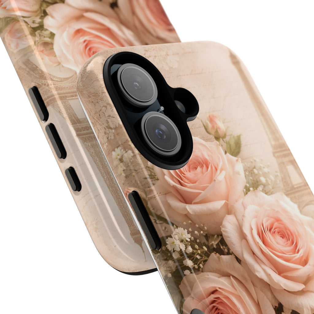 Vintage Parisian Rose Phone Case – Eiffel Tower Floral Aesthetic Luxury iPhone Case, Romantic Antique Paris Phone Cover