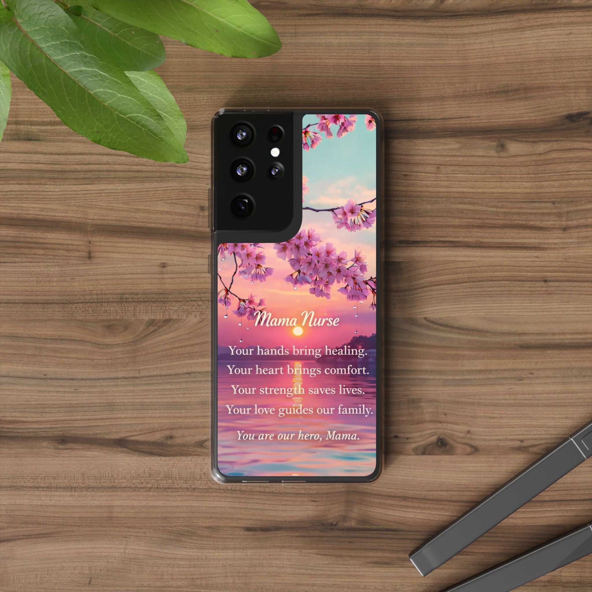 Nurse Mom Affirmation Phone Case – Inspirational Gift for Nurse Mama – Cherry Blossom Sunset Samsung Galaxy Case – Healthcare Hero Mom Gift
