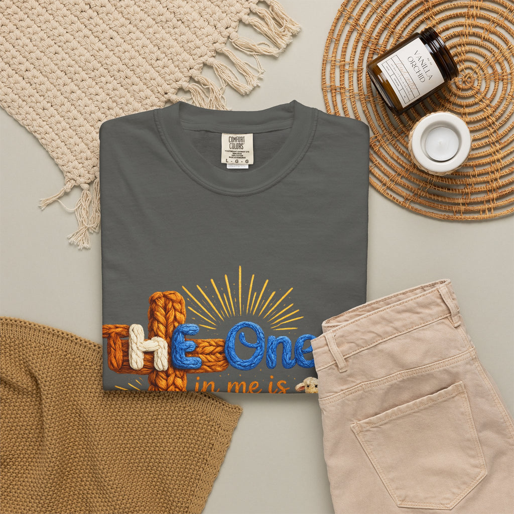 The One in Me Is Greater Shirt – Christian Crochet Style Graphic Tee, Faith Based Inspirational Bible Verse Shirt, Cute Religious Gift for Women
