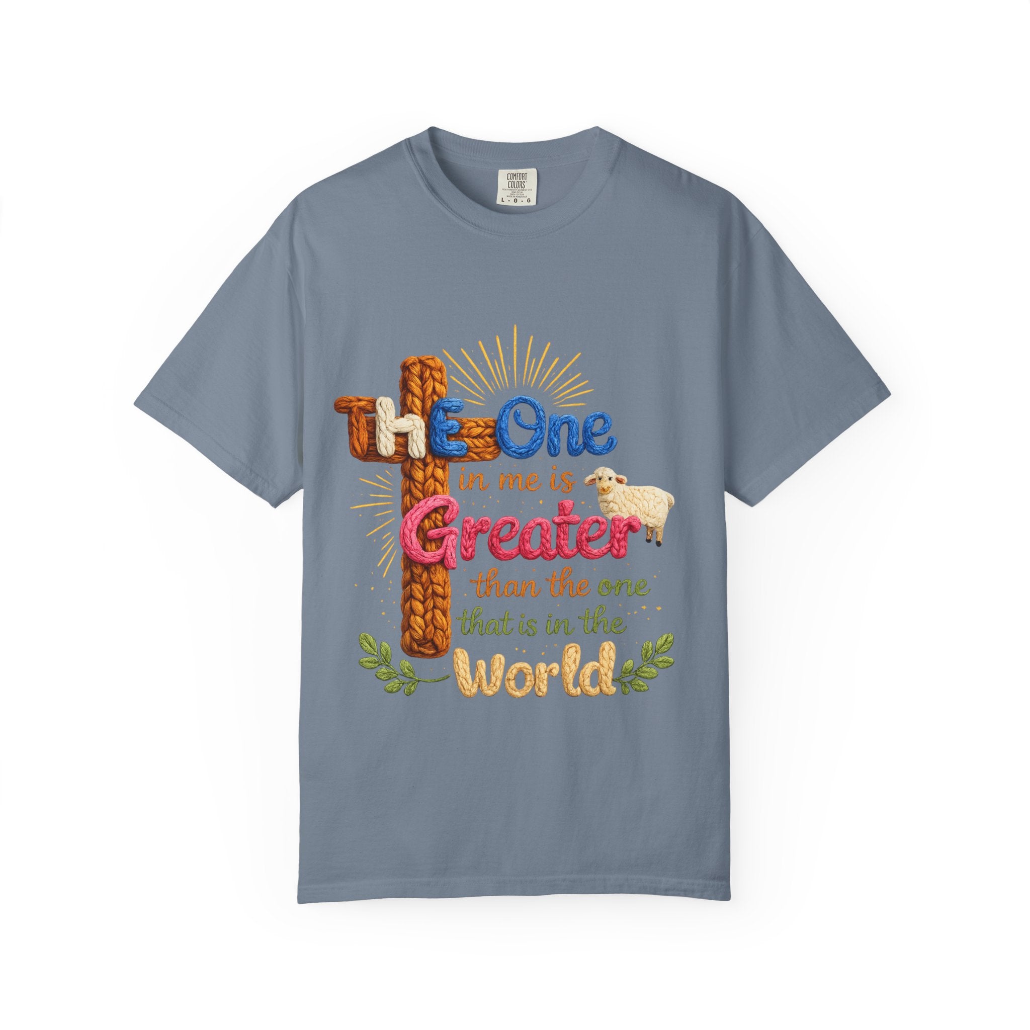 The One in Me Is Greater Shirt – Christian Crochet Style Graphic Tee, Faith Based Inspirational Bible Verse Shirt, Cute Religious Gift for Women
