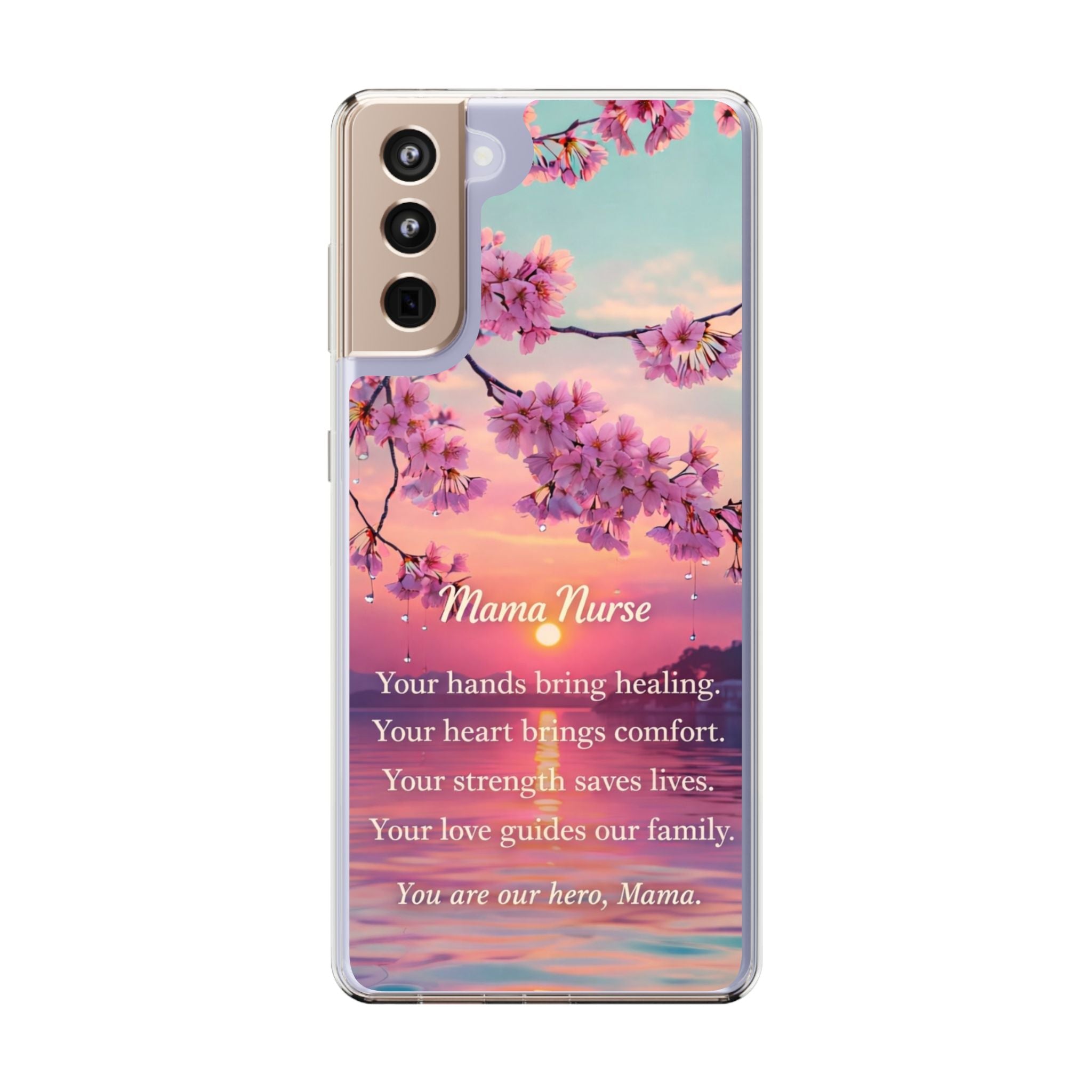 Nurse Mom Affirmation Phone Case – Inspirational Gift for Nurse Mama – Cherry Blossom Sunset Samsung Galaxy Case – Healthcare Hero Mom Gift