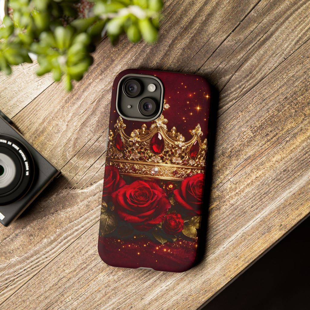 Royal Crown & Red Rose Luxury Phone Case – Gold Crown Burgundy Aesthetic iPhone Case, Regal Queen Floral Phone Cover