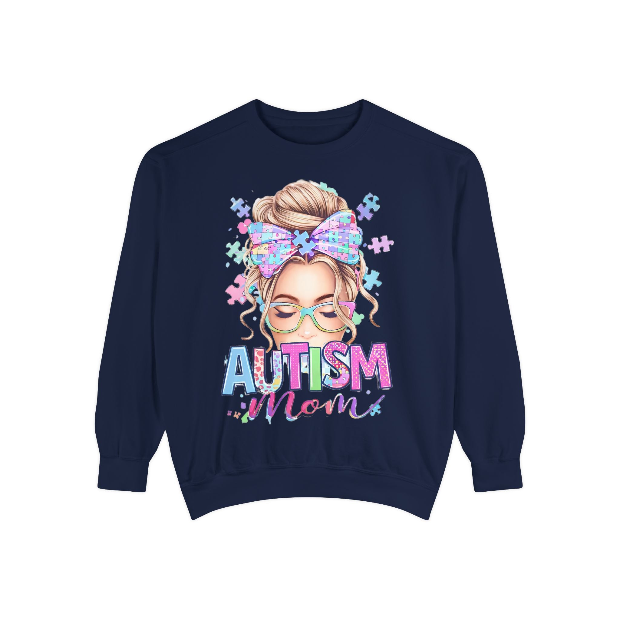 Autism Mom Sweatshirt — Puzzle-Print Headband & Pastel Logo Crewneck