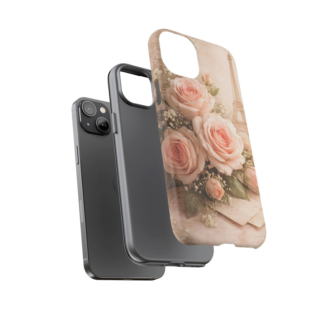 Vintage Parisian Rose Phone Case – Eiffel Tower Floral Aesthetic Luxury iPhone Case, Romantic Antique Paris Phone Cover