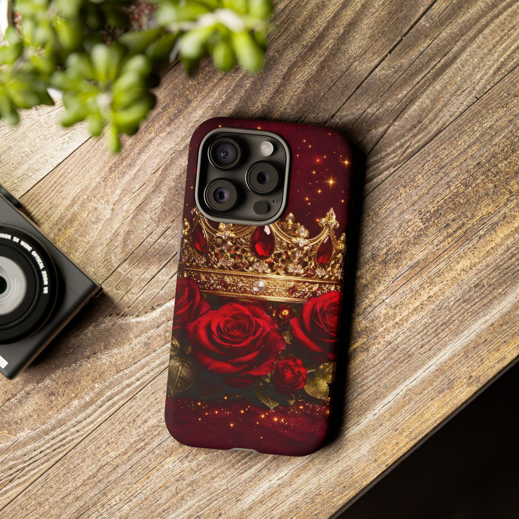 Royal Crown & Red Rose Luxury Phone Case – Gold Crown Burgundy Aesthetic iPhone Case, Regal Queen Floral Phone Cover