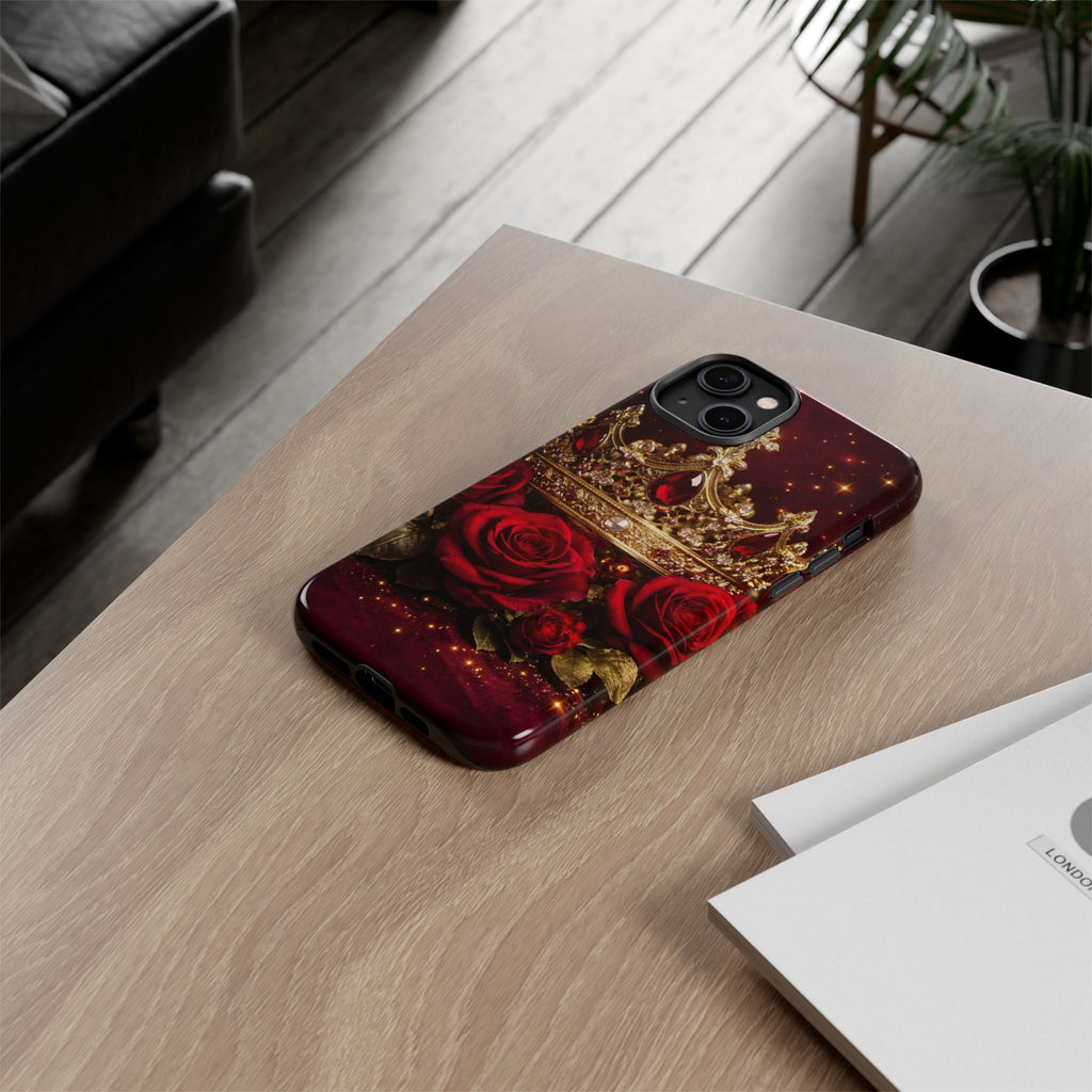 Royal Crown & Red Rose Luxury Phone Case – Gold Crown Burgundy Aesthetic iPhone Case, Regal Queen Floral Phone Cover