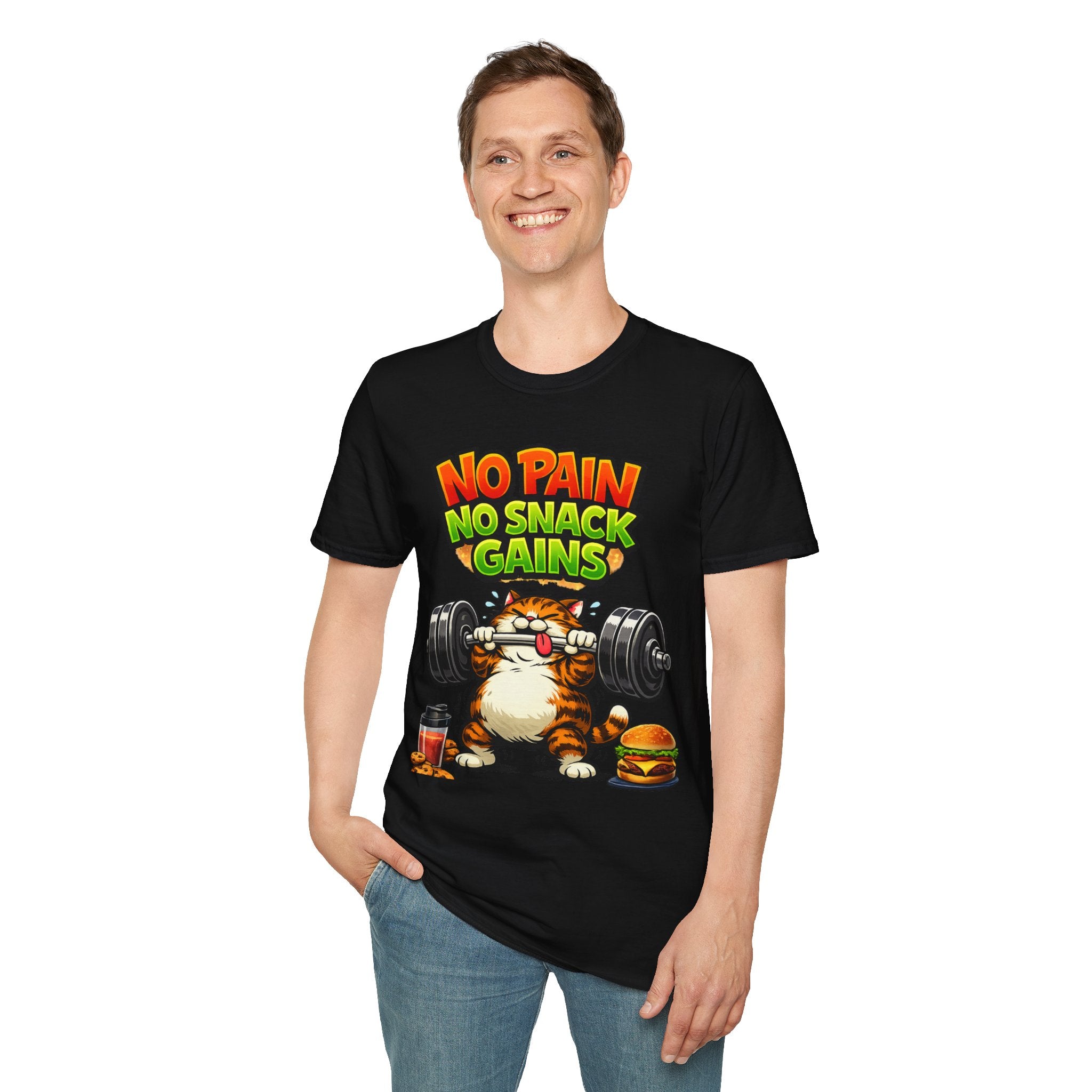 Funny Gym Cat Shirt, No Pain No Snack Gains Tee, Workout Motivation Shirt, Fitness Humor T-Shirt for Men & Women