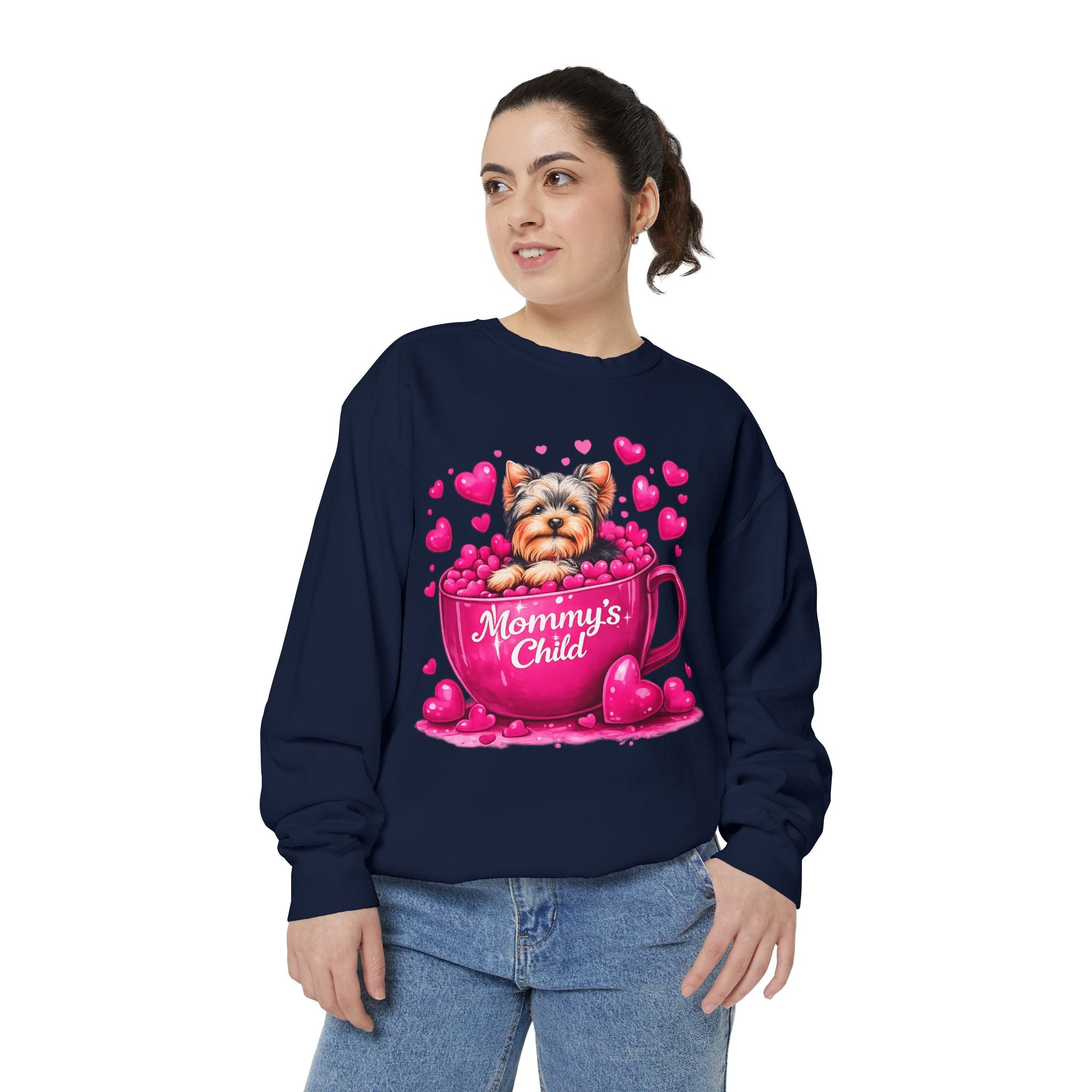 Mommy’s Child Yorkie Shirt – Cute Puppy in Mug Graphic Tee, Dog Lover Gift, Pink Heart Aesthetic, Yorkshire Terrier T-Shirt for Women