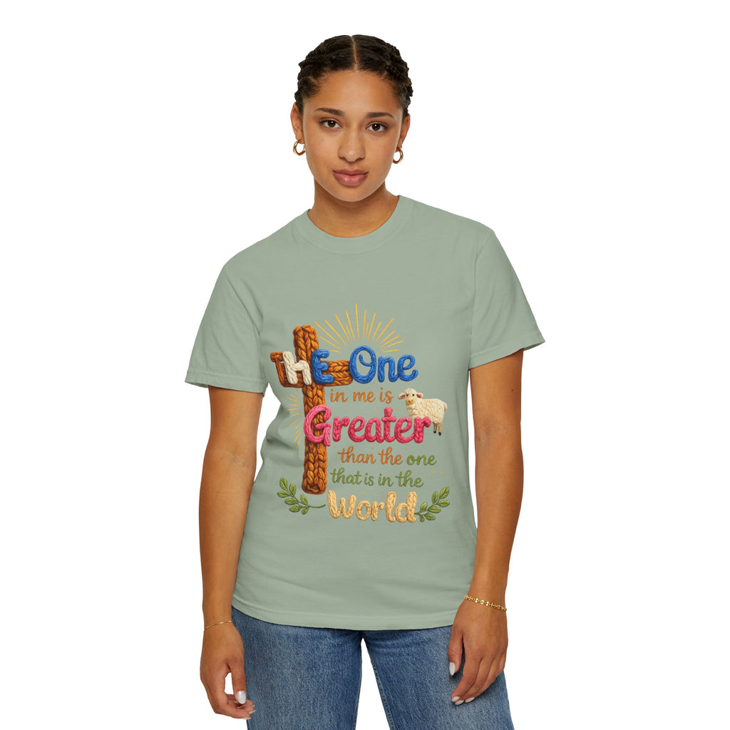 The One in Me Is Greater Shirt – Christian Crochet Style Graphic Tee, Faith Based Inspirational Bible Verse Shirt, Cute Religious Gift for Women