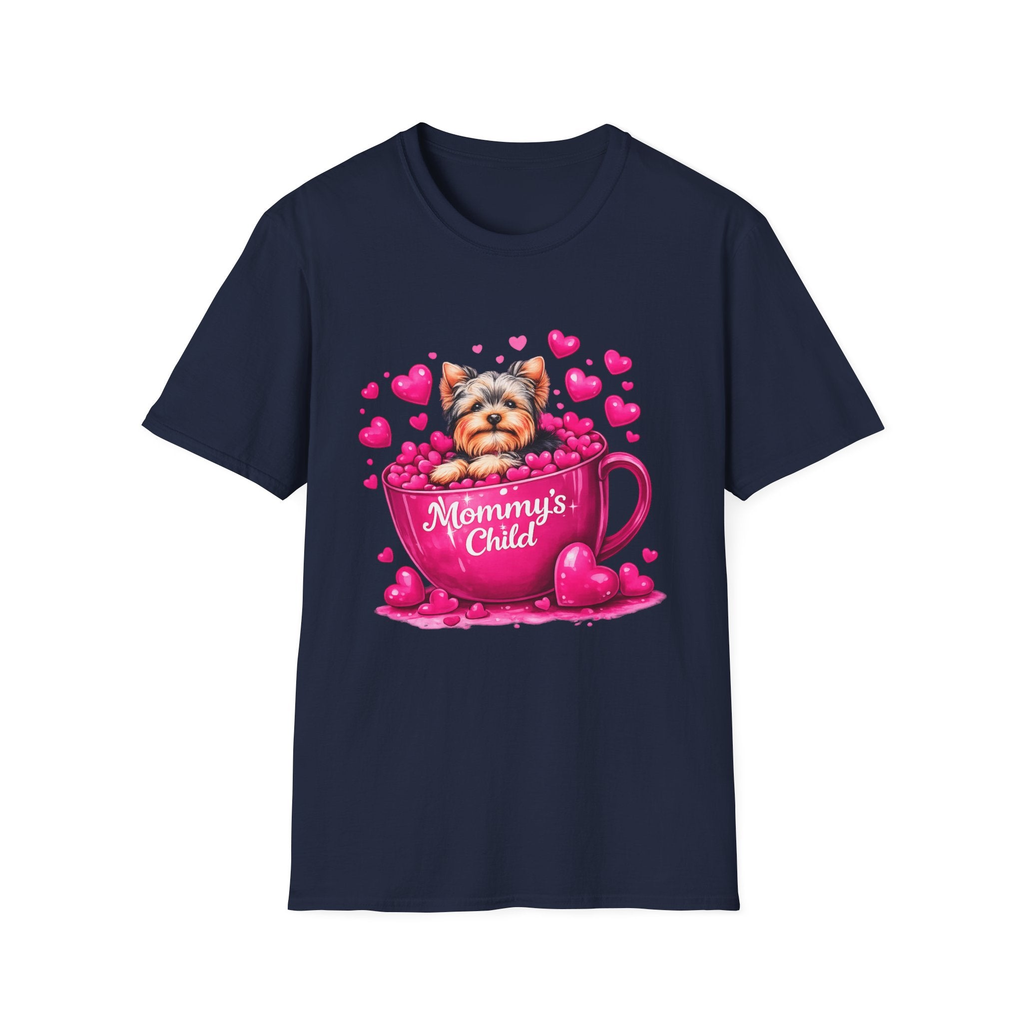 Mommy’s Child Yorkie Shirt – Cute Puppy in Mug Graphic Tee, Dog Lover Gift, Pink Heart Aesthetic, Yorkshire Terrier T-Shirt for Women