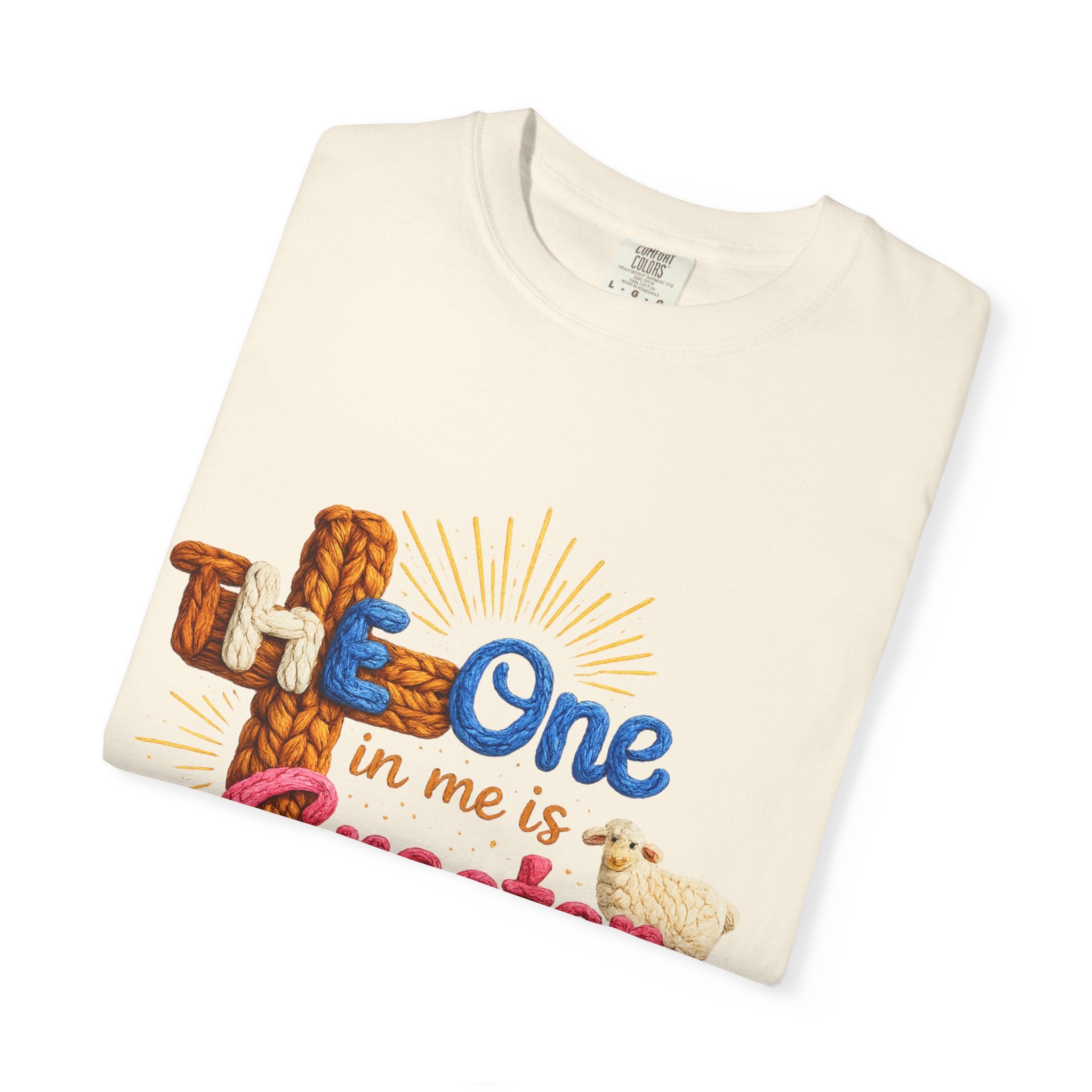 The One in Me Is Greater Shirt – Christian Crochet Style Graphic Tee, Faith Based Inspirational Bible Verse Shirt, Cute Religious Gift for Women