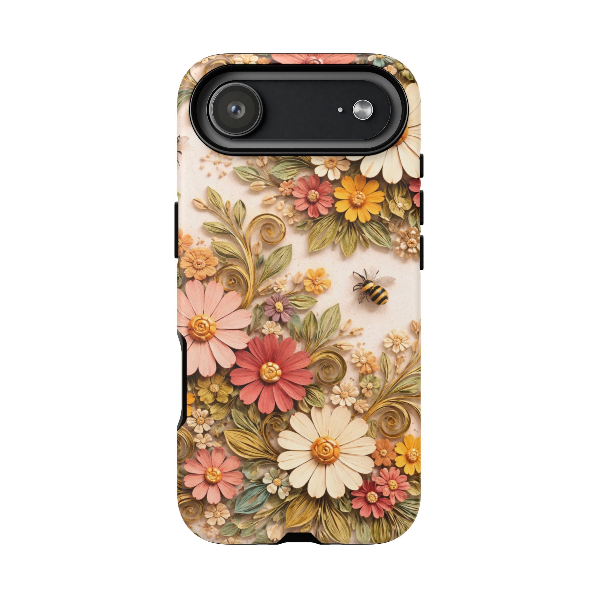 Floral Daisies Tough Phone Case — Vintage Garden Butterflies & Bees Protective Cover