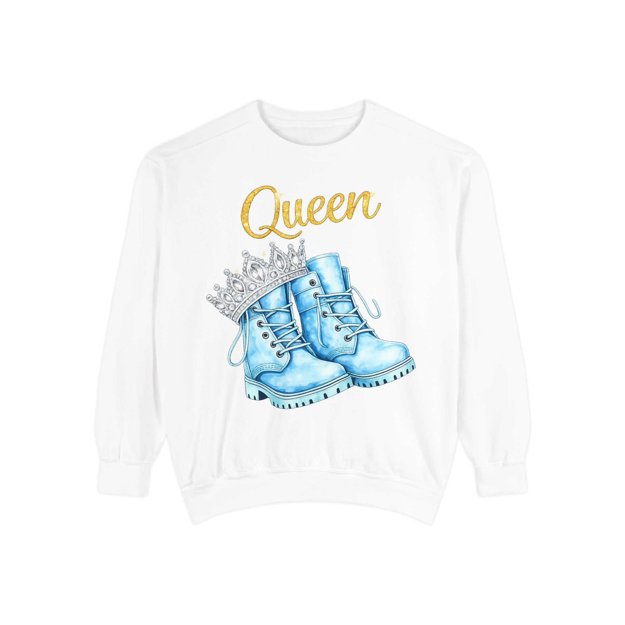 Queen Light Blue Boots Shirt – Pink Crown Graphic Tee, Cute Girly Streetwear, Fashion Queen Outfit, Trendy Women’s Statement T-Shirt