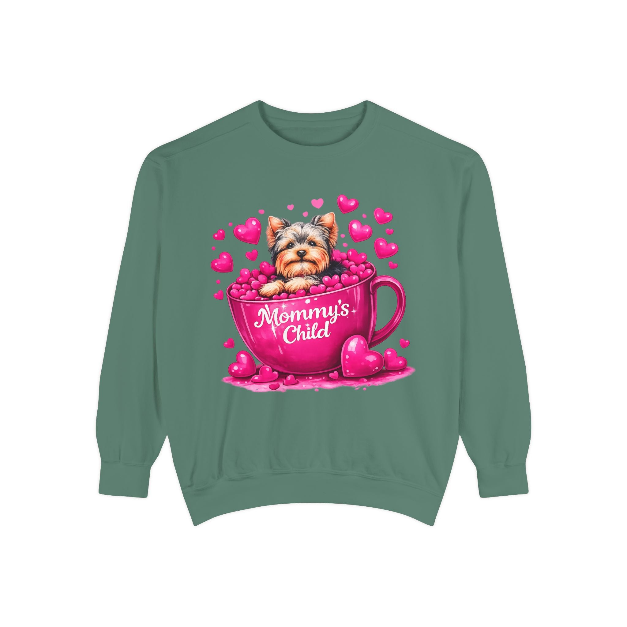 Mommy’s Child Yorkie Shirt – Cute Puppy in Mug Graphic Tee, Dog Lover Gift, Pink Heart Aesthetic, Yorkshire Terrier T-Shirt for Women