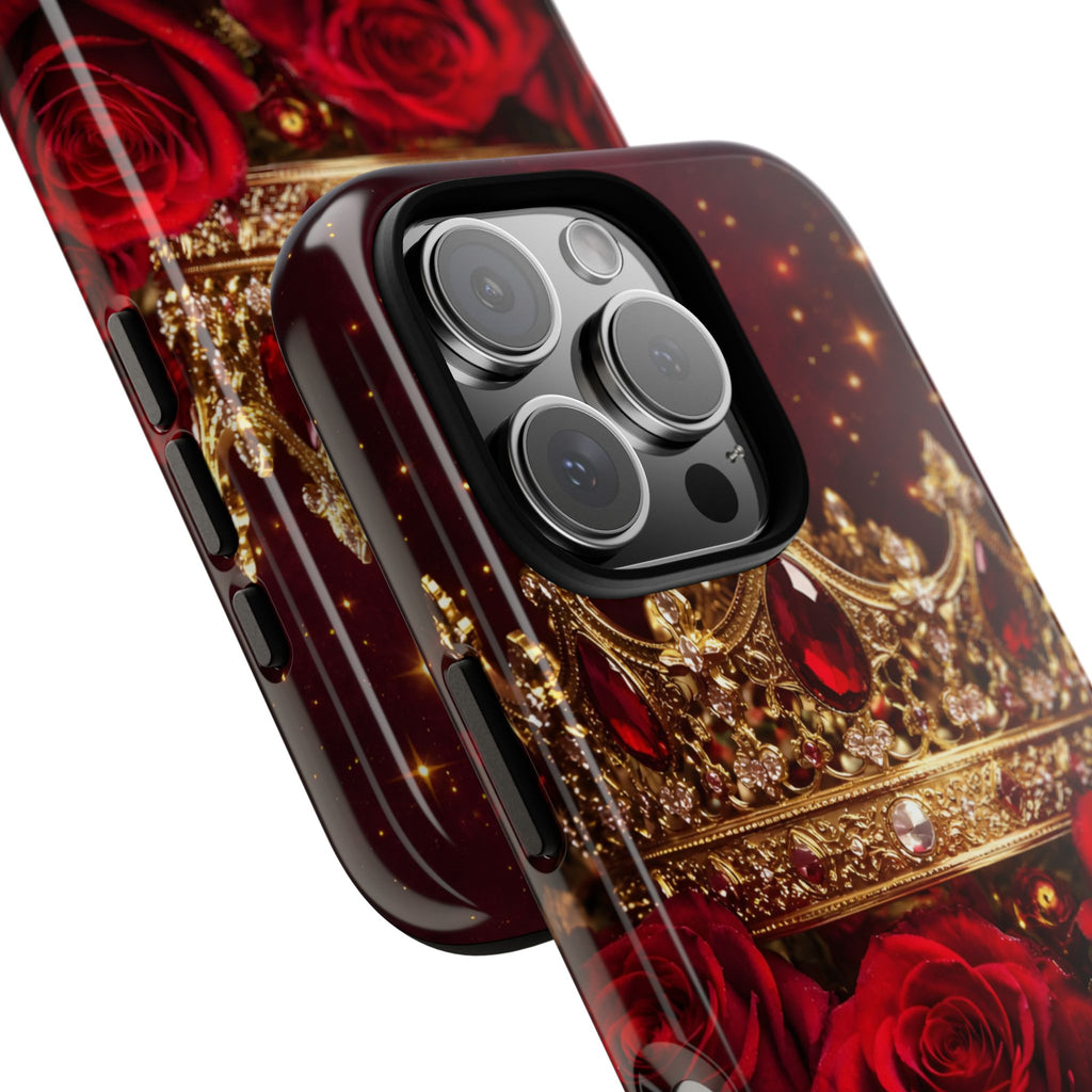 Royal Crown & Red Rose Luxury Phone Case – Gold Crown Burgundy Aesthetic iPhone Case, Regal Queen Floral Phone Cover