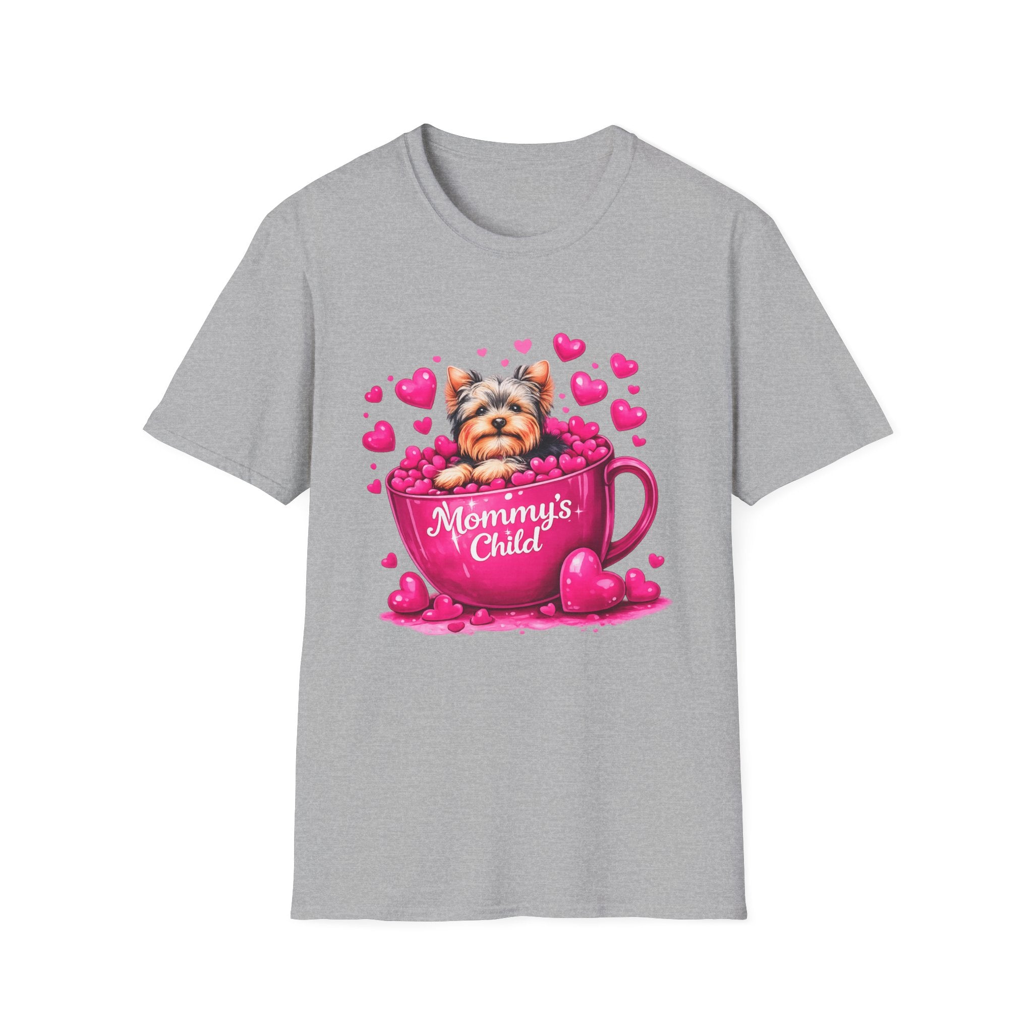 Mommy’s Child Yorkie Shirt – Cute Puppy in Mug Graphic Tee, Dog Lover Gift, Pink Heart Aesthetic, Yorkshire Terrier T-Shirt for Women