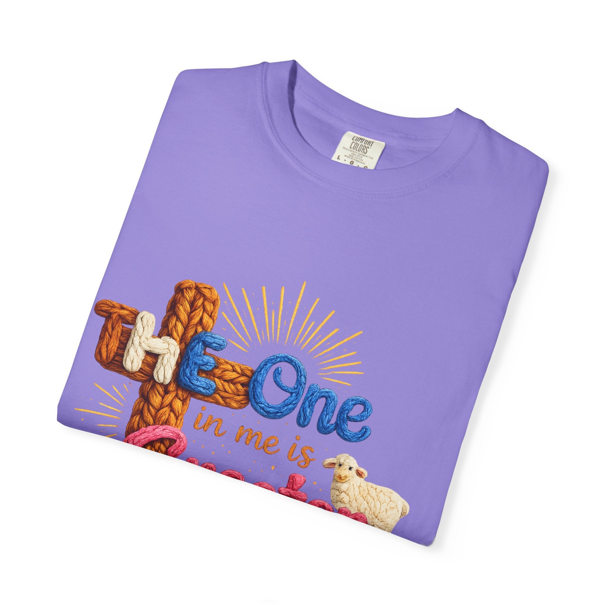 The One in Me Is Greater Shirt – Christian Crochet Style Graphic Tee, Faith Based Inspirational Bible Verse Shirt, Cute Religious Gift for Women