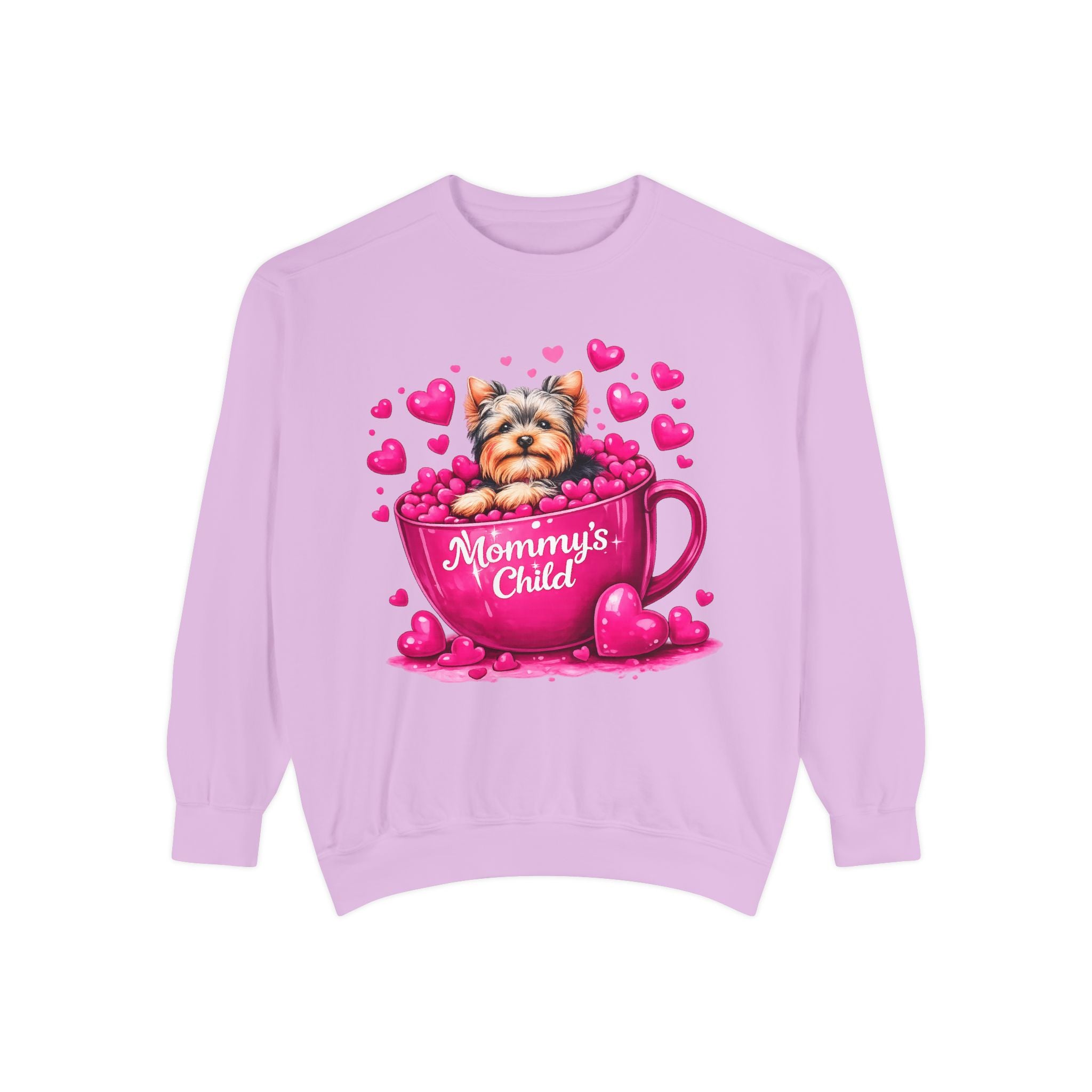 Mommy’s Child Yorkie Shirt – Cute Puppy in Mug Graphic Tee, Dog Lover Gift, Pink Heart Aesthetic, Yorkshire Terrier T-Shirt for Women