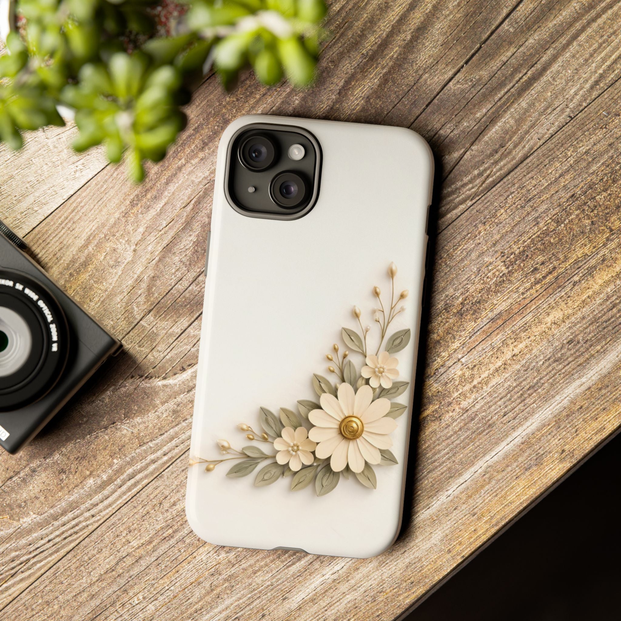 Floral Daisies Tough Case — Protective Phone Case with Cream Vintage Flower Design