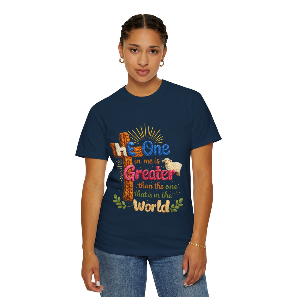 The One in Me Is Greater Shirt – Christian Crochet Style Graphic Tee, Faith Based Inspirational Bible Verse Shirt, Cute Religious Gift for Women