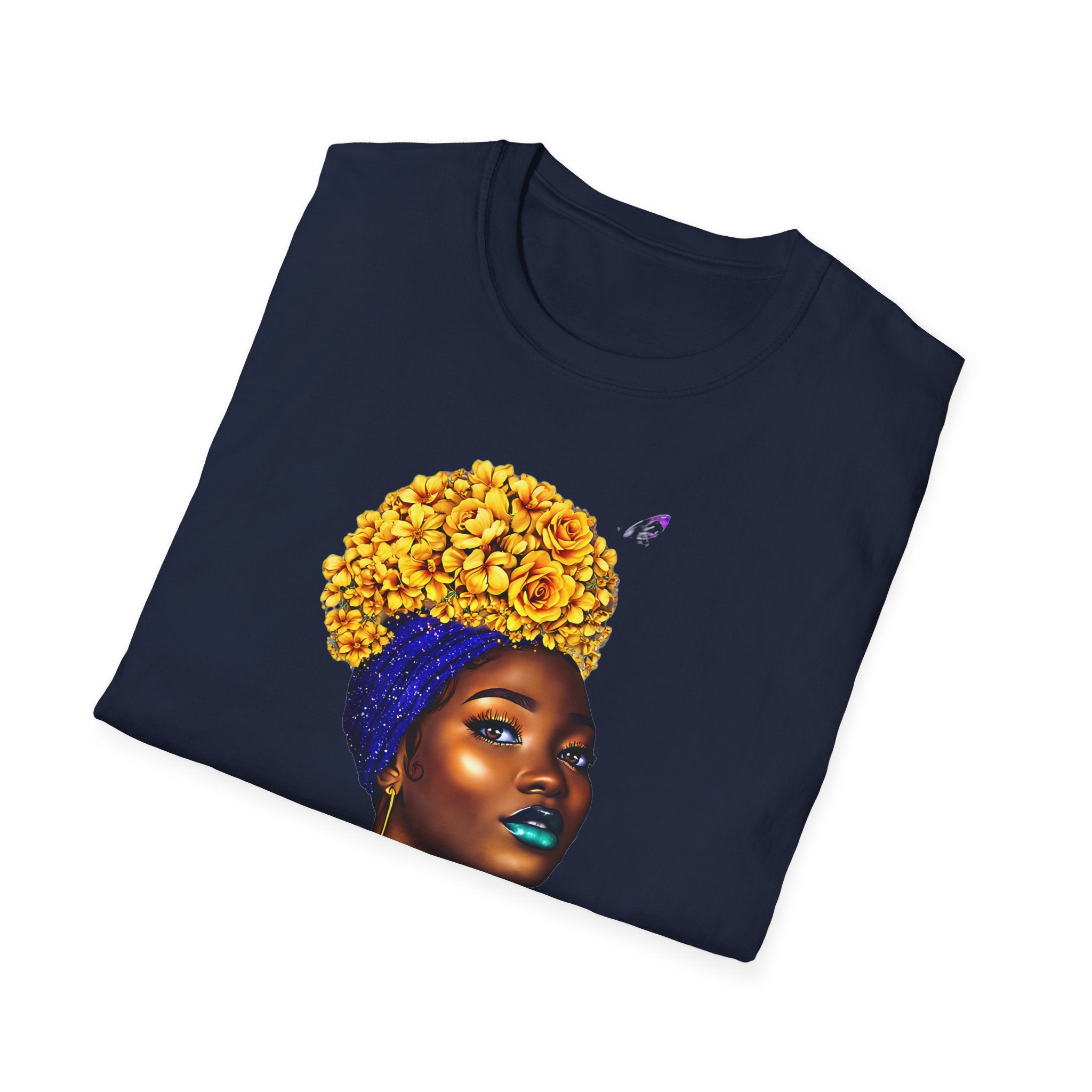 Floral Crown Portrait T-Shirt — Afrocentric Art Tee with Yellow Flower Headwrap