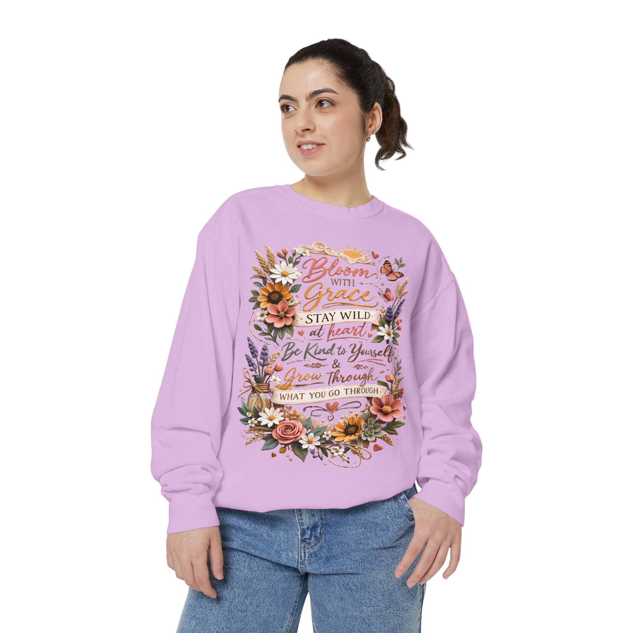 Bloom With Grace Floral Sweatshirt — Inspirational Quote Crewneck