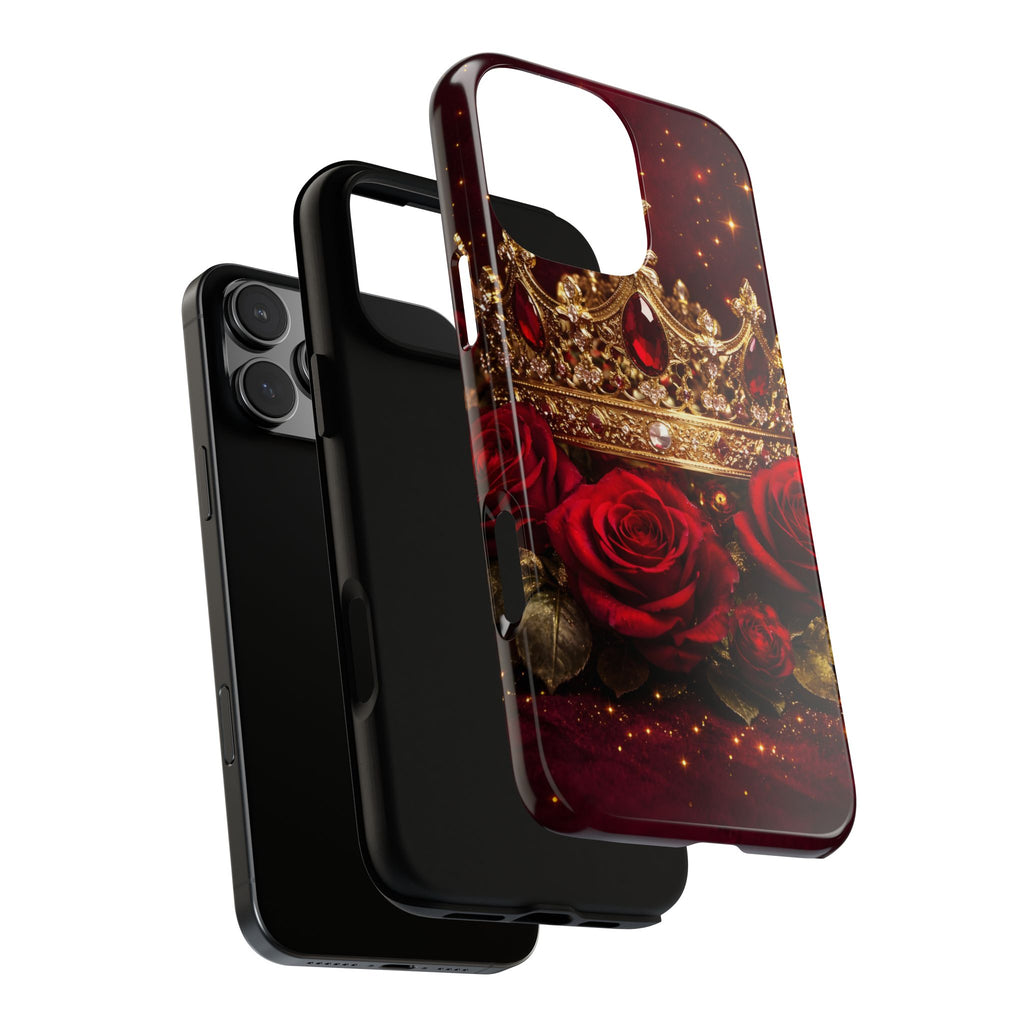 Royal Crown & Red Rose Luxury Phone Case – Gold Crown Burgundy Aesthetic iPhone Case, Regal Queen Floral Phone Cover