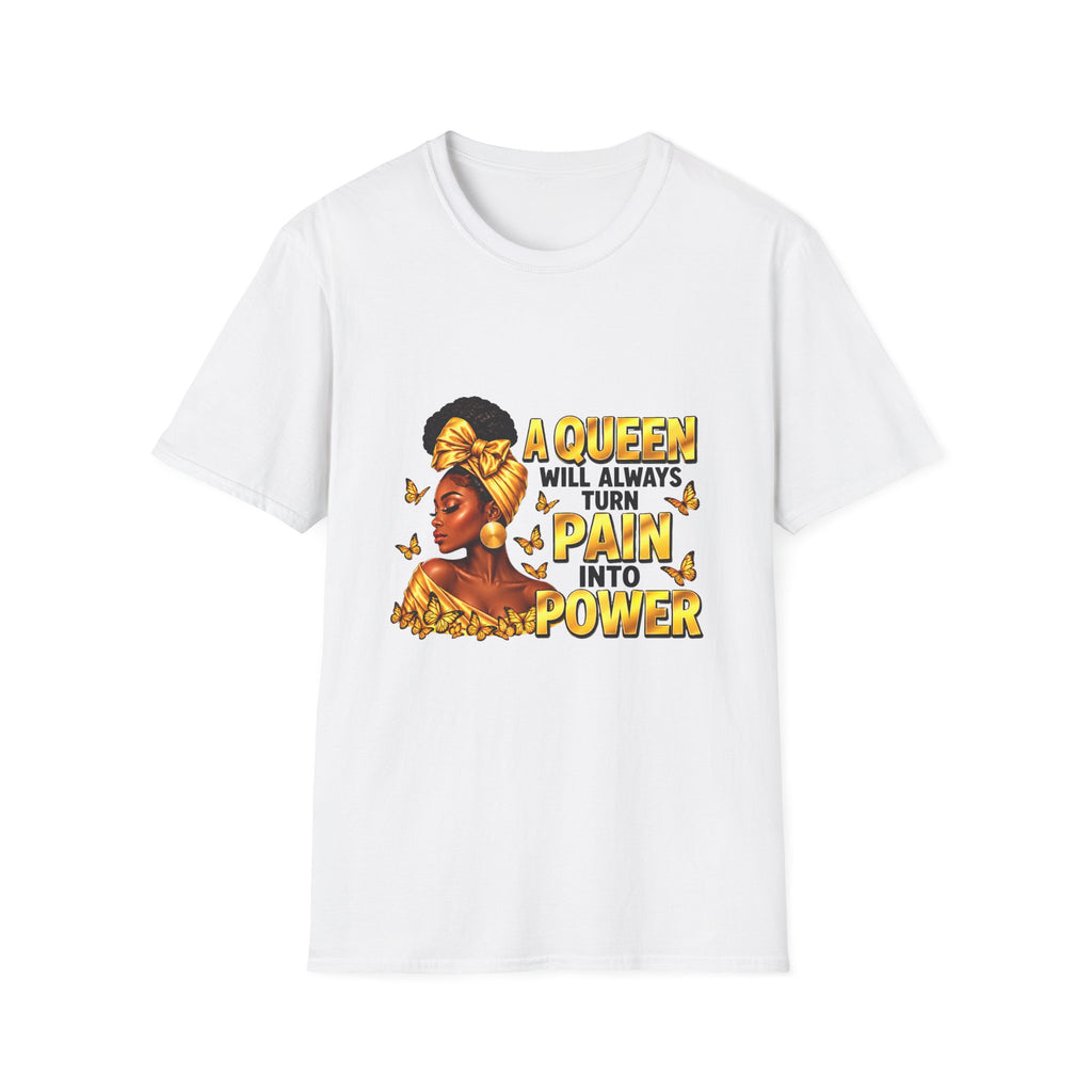 A Queen Turns Pain Into Power Shirt, Black Woman Empowerment T-Shirt, Gold Butterfly Queen Graphic Tee