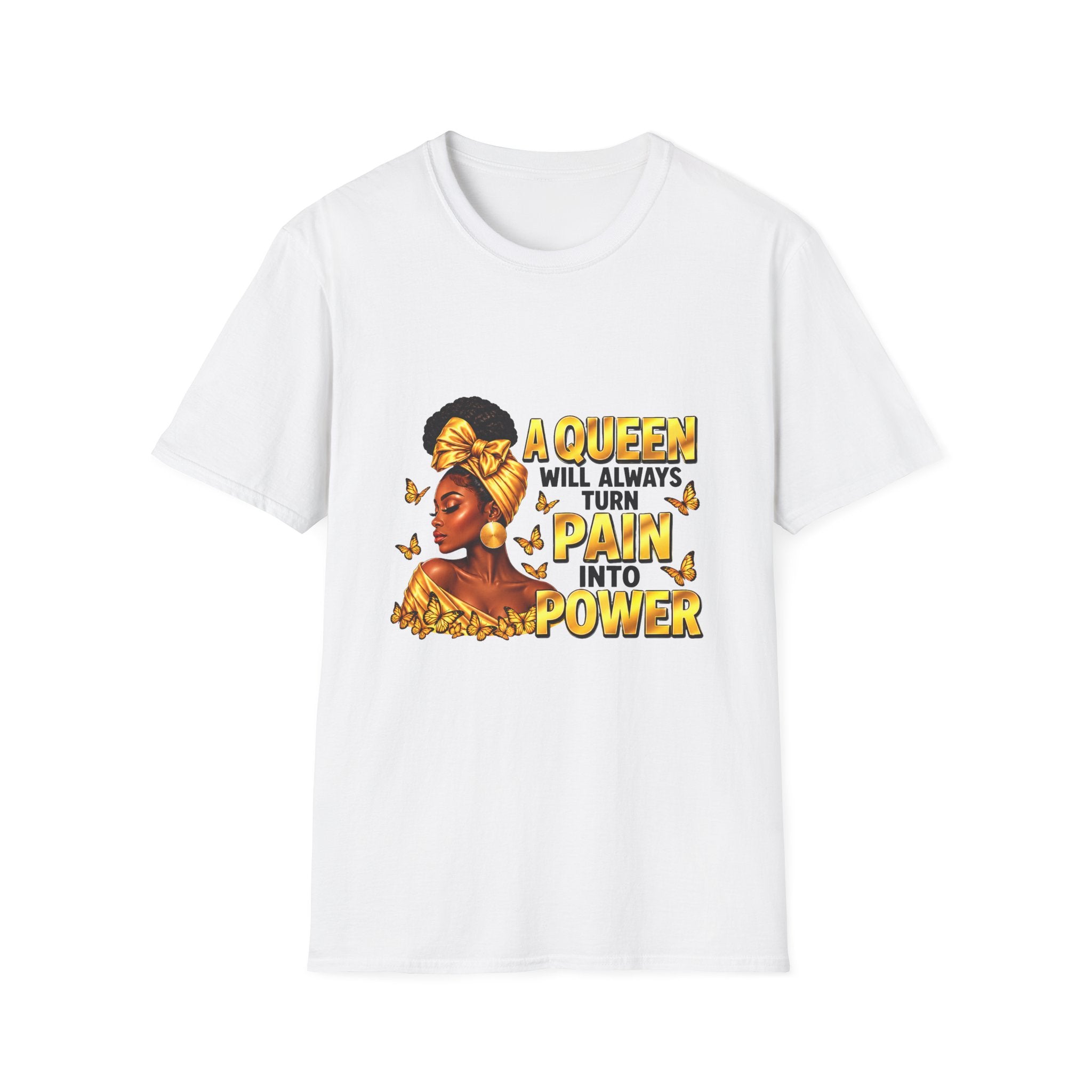 A Queen Turns Pain Into Power Shirt, Black Woman Empowerment T-Shirt, Gold Butterfly Queen Graphic Tee