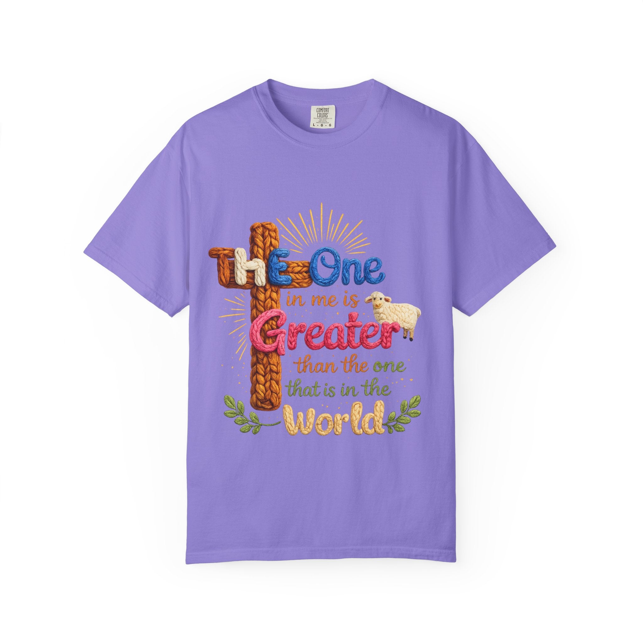 The One in Me Is Greater Shirt – Christian Crochet Style Graphic Tee, Faith Based Inspirational Bible Verse Shirt, Cute Religious Gift for Women