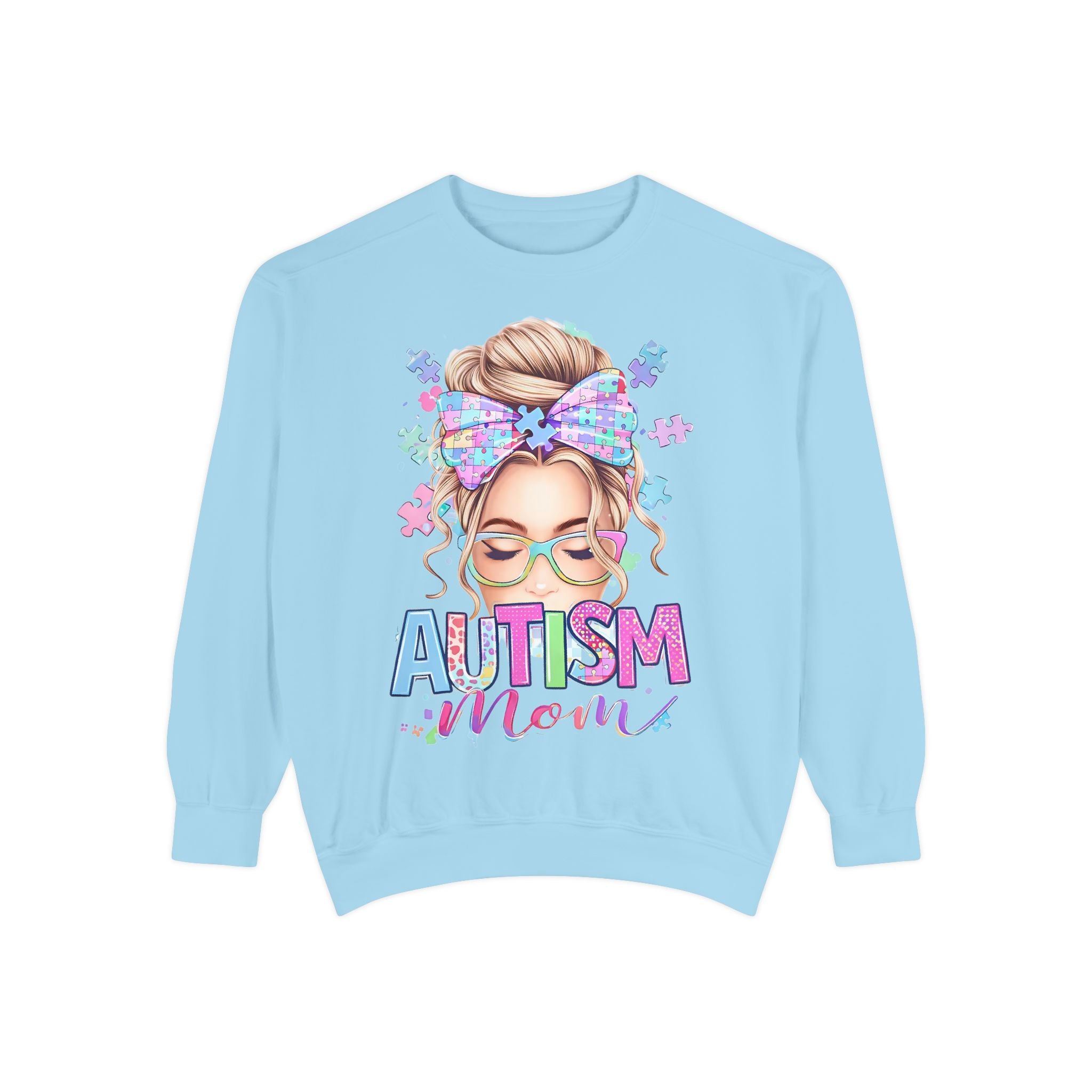 Autism Mom Sweatshirt — Puzzle-Print Headband & Pastel Logo Crewneck