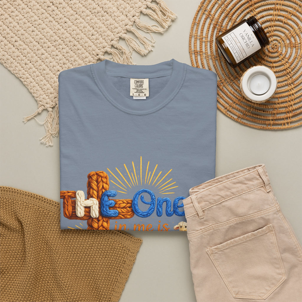 The One in Me Is Greater Shirt – Christian Crochet Style Graphic Tee, Faith Based Inspirational Bible Verse Shirt, Cute Religious Gift for Women