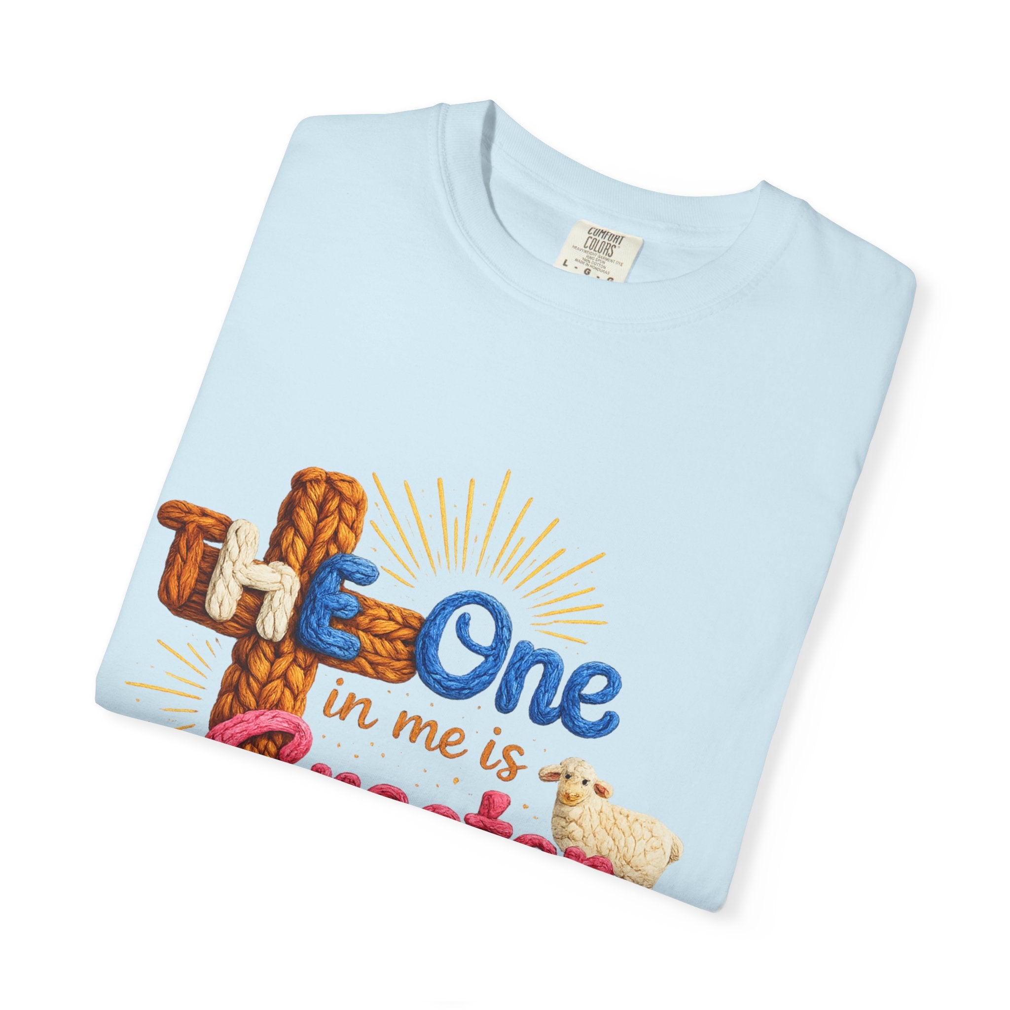 The One in Me Is Greater Shirt – Christian Crochet Style Graphic Tee, Faith Based Inspirational Bible Verse Shirt, Cute Religious Gift for Women