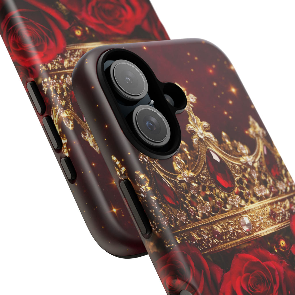 Royal Crown & Red Rose Luxury Phone Case – Gold Crown Burgundy Aesthetic iPhone Case, Regal Queen Floral Phone Cover