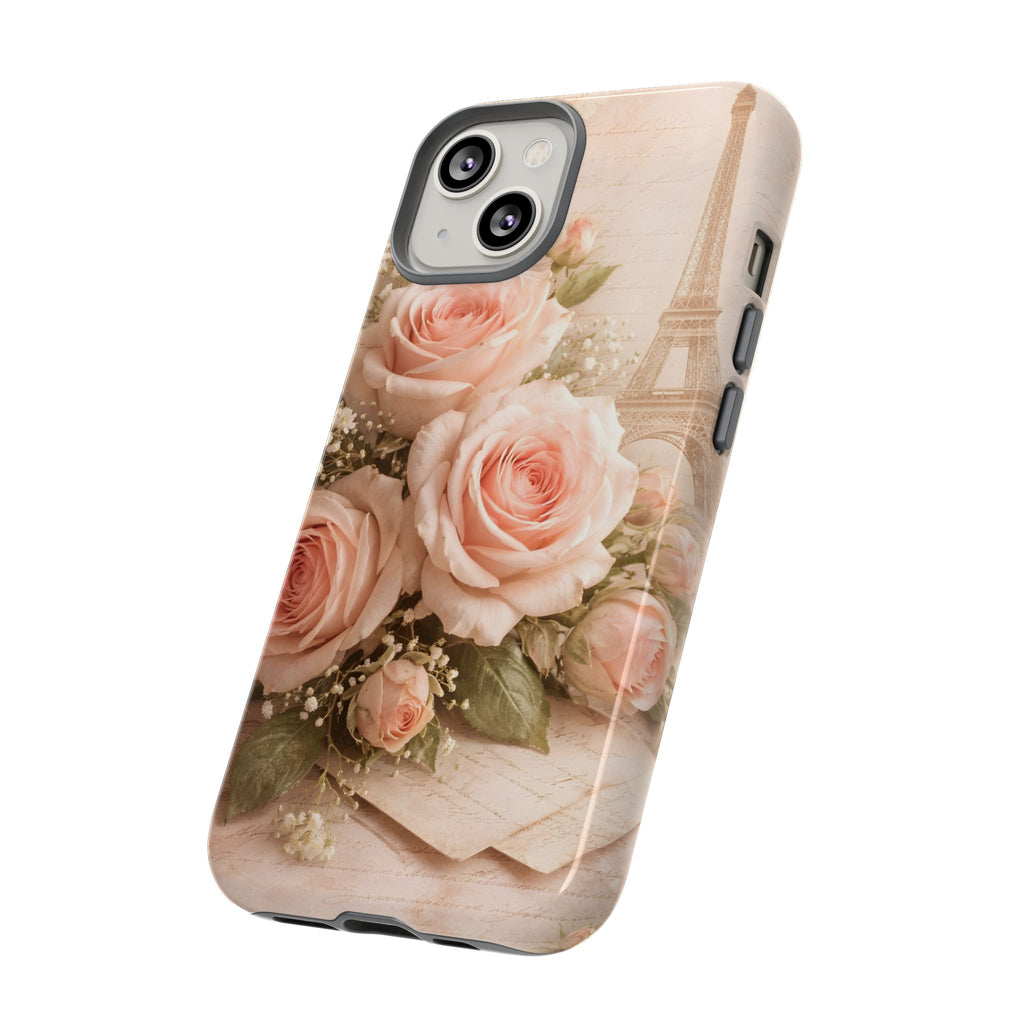 Vintage Parisian Rose Phone Case – Eiffel Tower Floral Aesthetic Luxury iPhone Case, Romantic Antique Paris Phone Cover