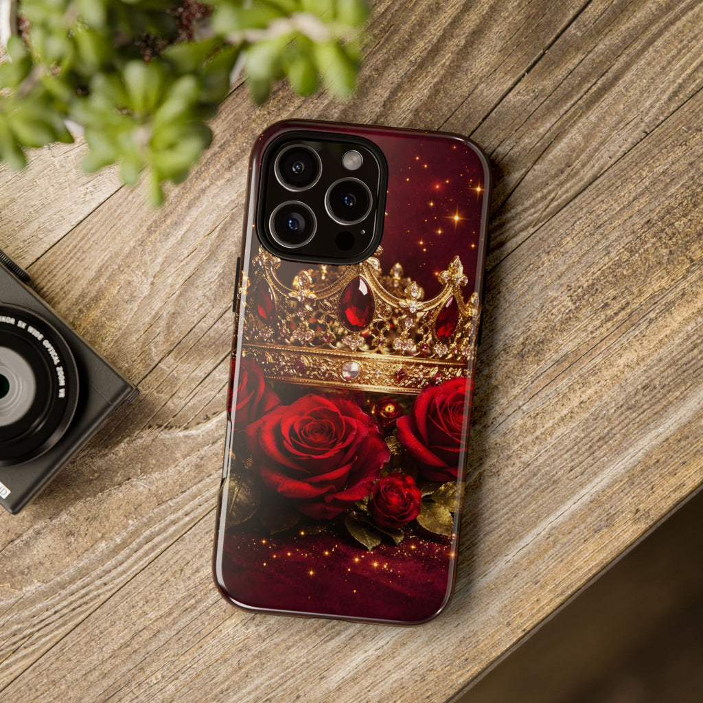 Royal Crown & Red Rose Luxury Phone Case – Gold Crown Burgundy Aesthetic iPhone Case, Regal Queen Floral Phone Cover