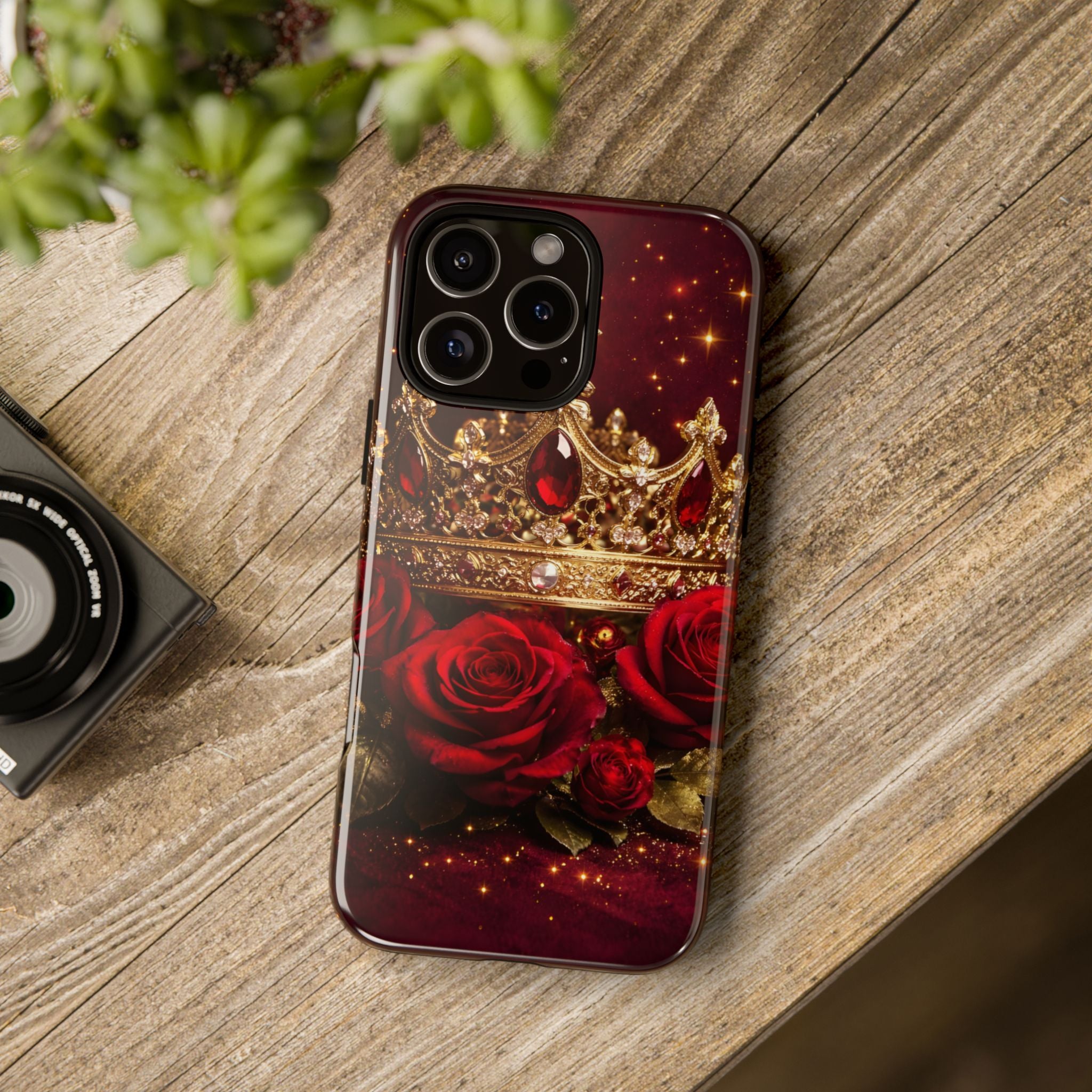 Royal Crown & Red Rose Luxury Phone Case – Gold Crown Burgundy Aesthetic iPhone Case, Regal Queen Floral Phone Cover