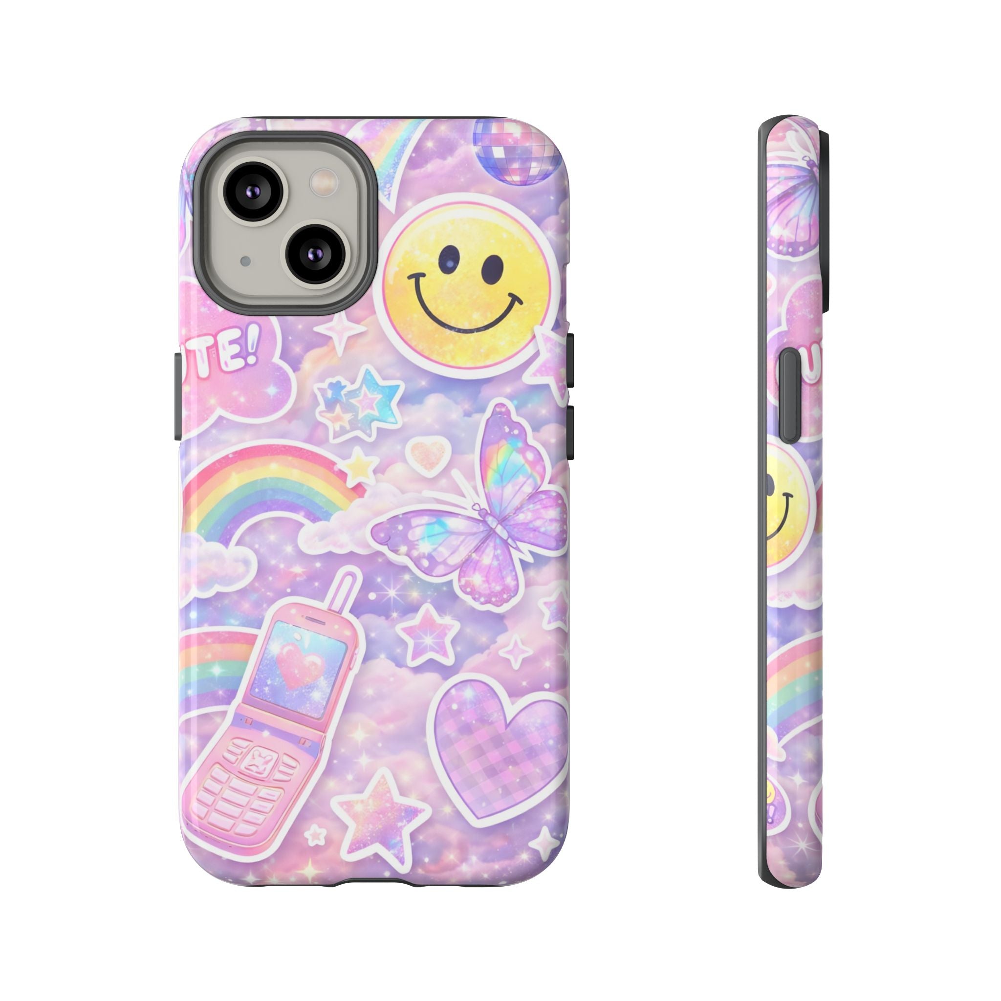 Pastel Y2K Tough Case — Cute Smiley, Rainbow & Butterfly Phone Case