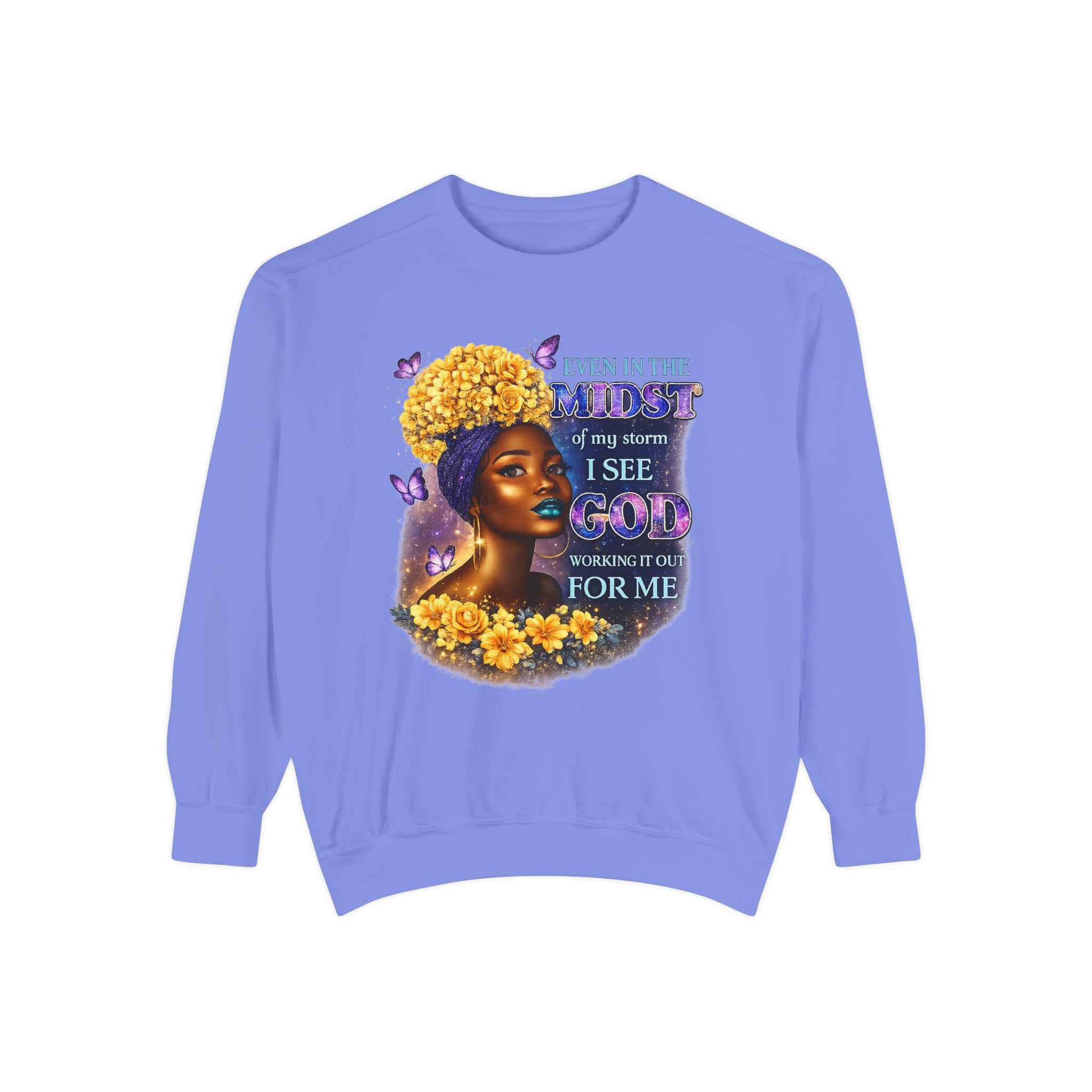 Even In The Midst I See God Sweatshirt – Faith-Based Floral Graphic Crewneck, Inspirational Christian Women’s Sweatshirt, Purple & Gold Aesthetic